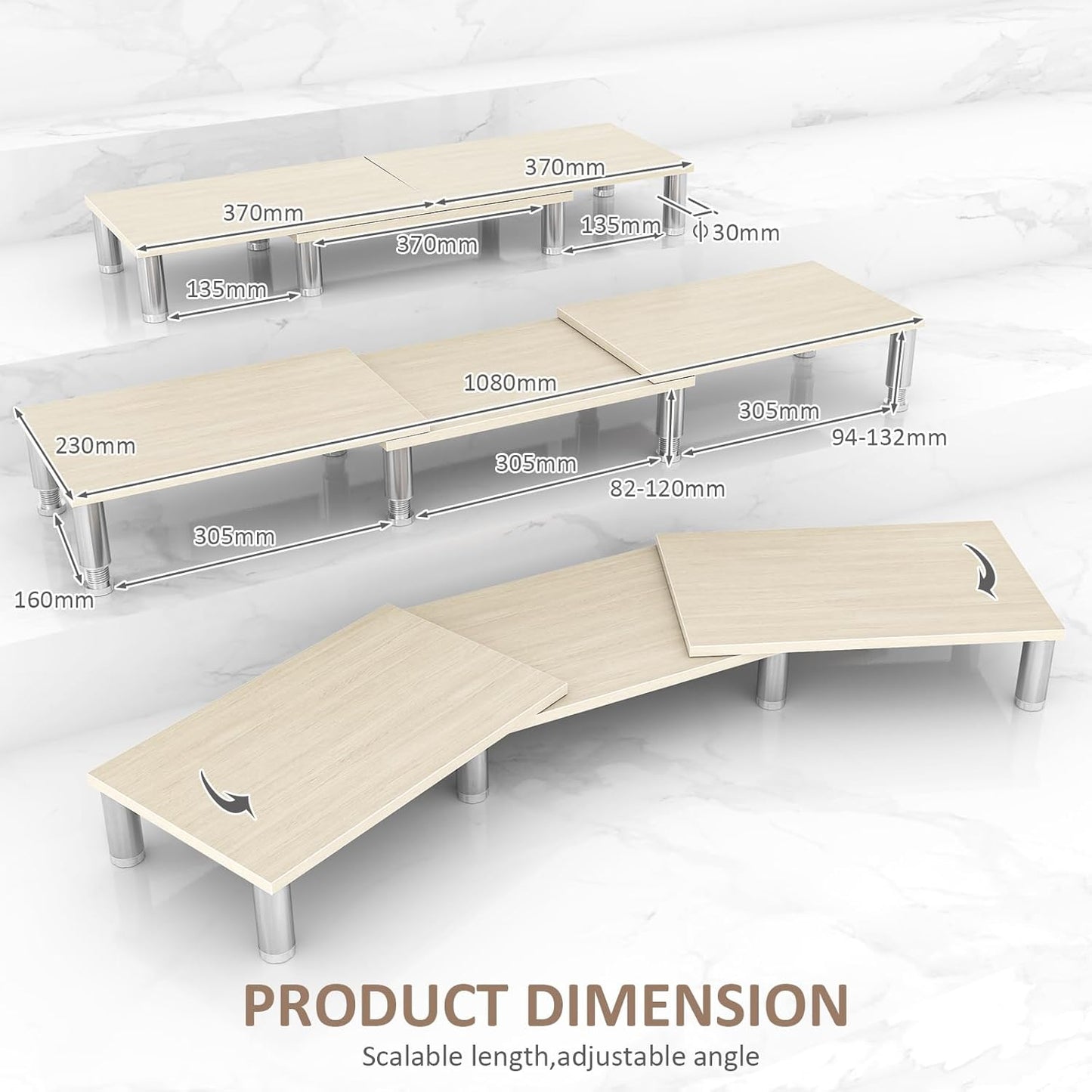 2 AX Waber Dual Monitor Riser - Adjustable Length & Angle, Wooden Stand for Monitors with Storage