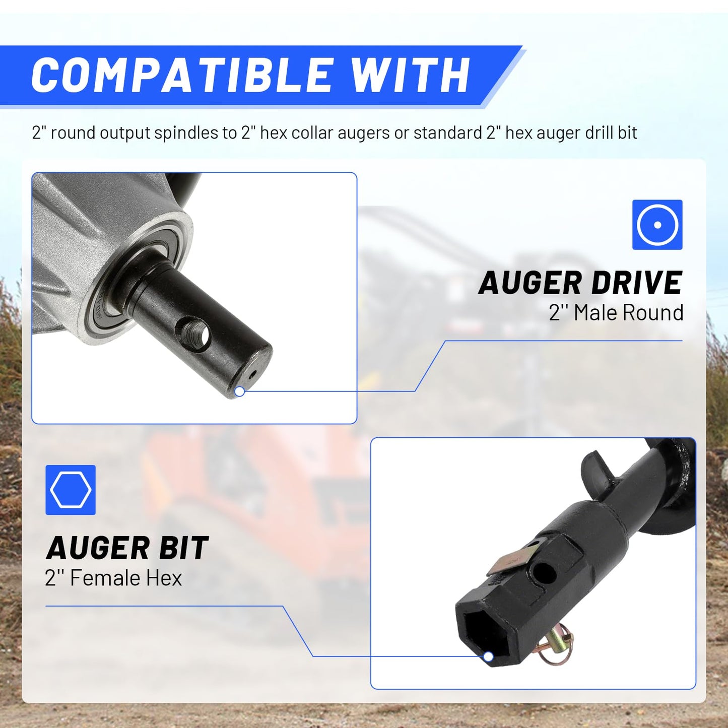 loosoo Auger Adapter Coupler, 2" Female Round to 2in Male Hex, Heavy Duty Auger Shaft Bit Adapter Conversion Bolt Pin, Fit for Skid Steer/Tractor/Digger/Power Head, Fully Welded Machined Carbon Steel