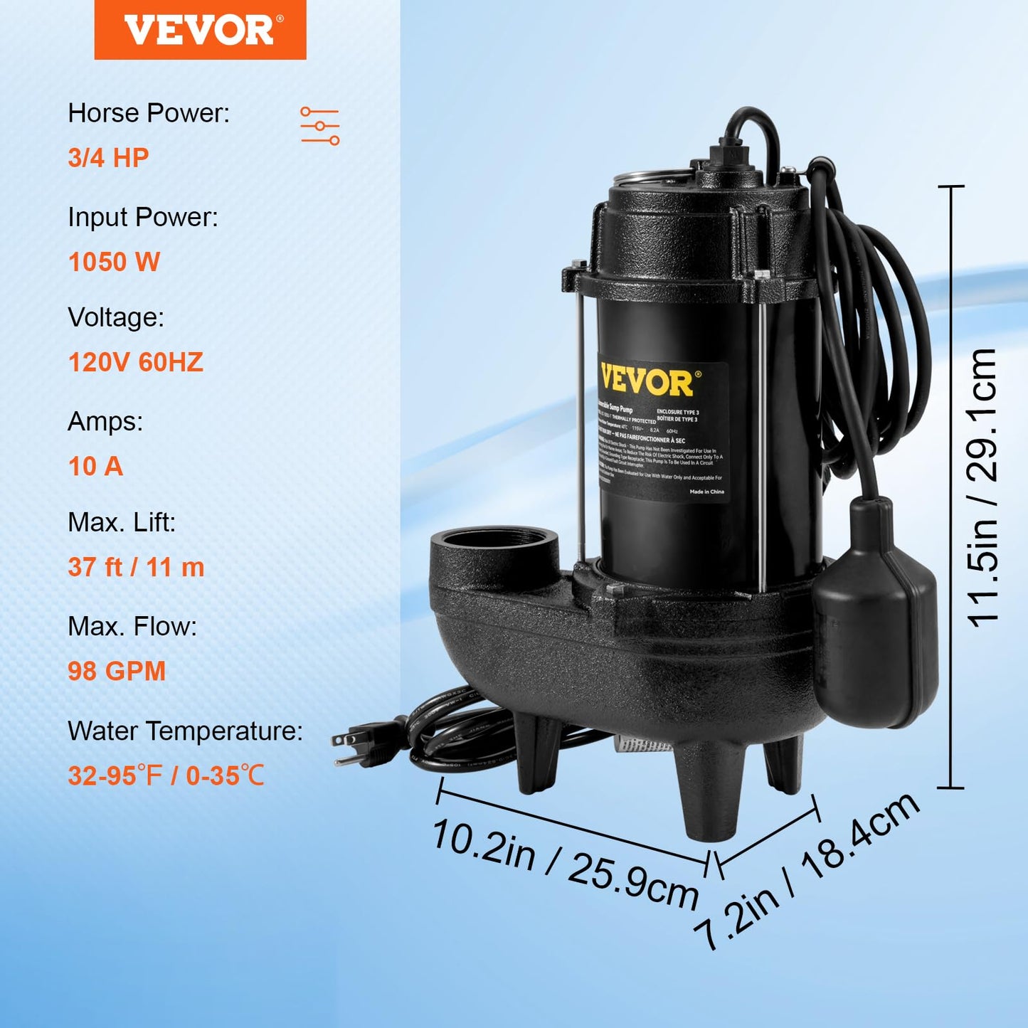 VEVOR 3/4 HP Submersible Sewage Pump, Cast Iron Submersible Sump Pump, Wear-proof Cast Iron Construction, with Tethered Float Switch, 10 FT Power Cord