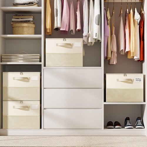 NestOrganix Shoe Organizer - 2 Pack Large Foldable Storage Boxes with Adjustable Dividers | Beige