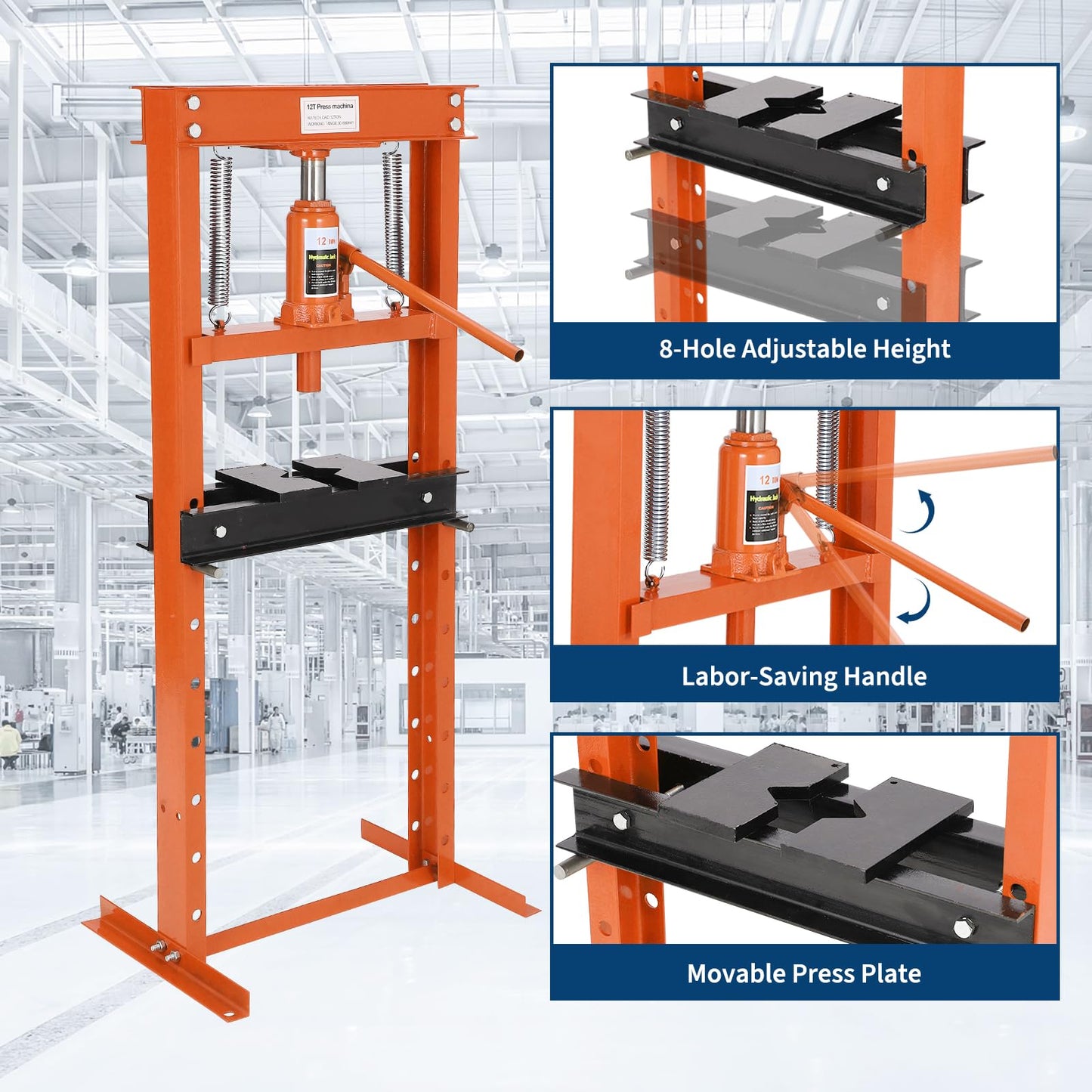 Garvee Hydraulic Shop Press, 12 T H-Frame Garage Floor Shop Press Adjustable Hydraulic Press with Press Plates, Orange
