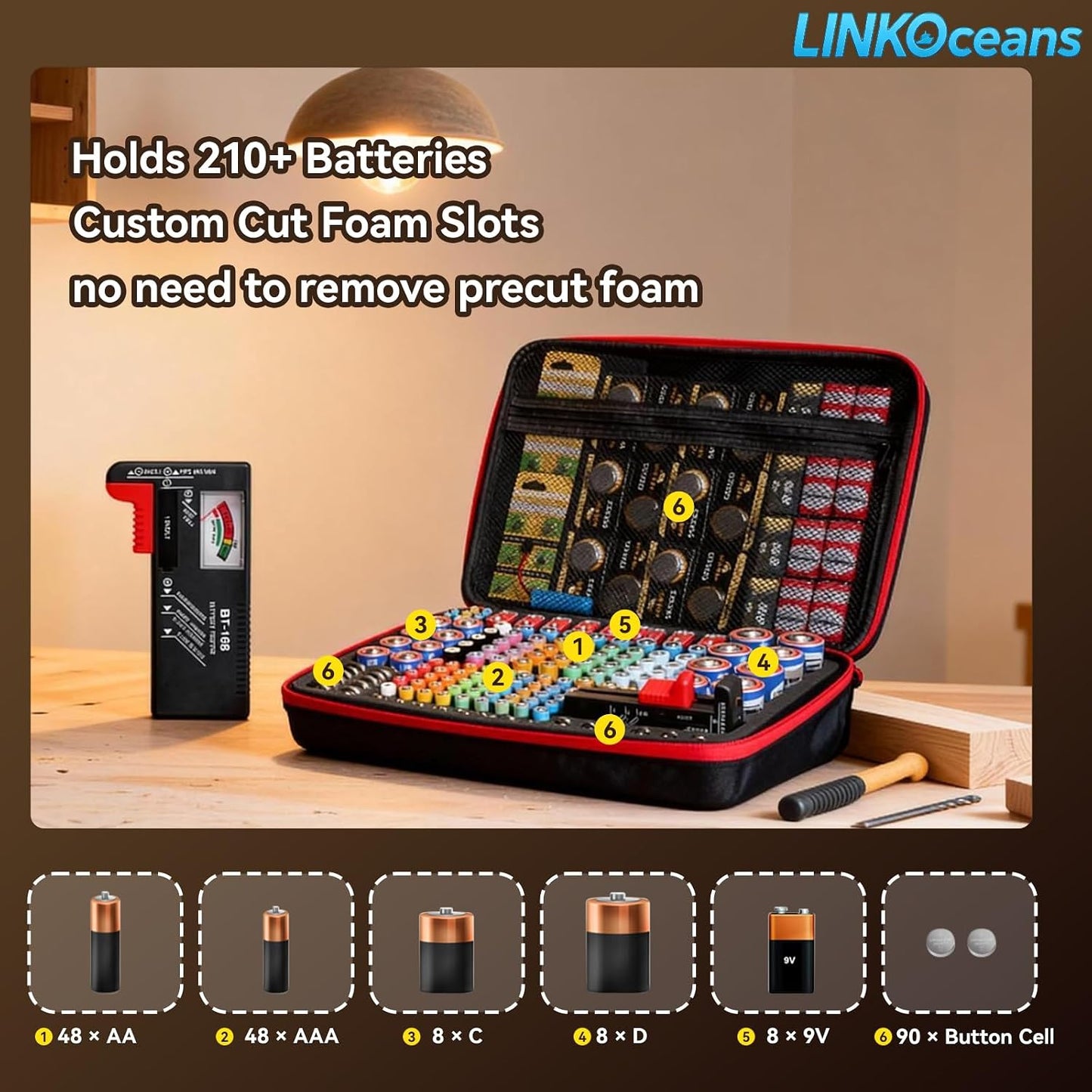 LINKOceans BT-168 210+ 9V, Battery Organizer with Tester,EVA Battery Storage Case for AA AAA C D Fireproof Waterproof