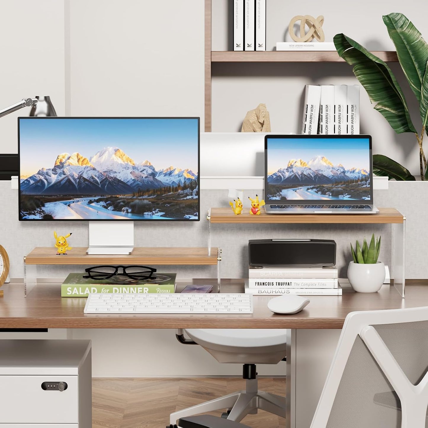 Legs15.74" Desk2-Tier PCModern Adjustable Monitor Stand Riser with Acrylic Length Dual Monitor Stand for Wood Desktop
