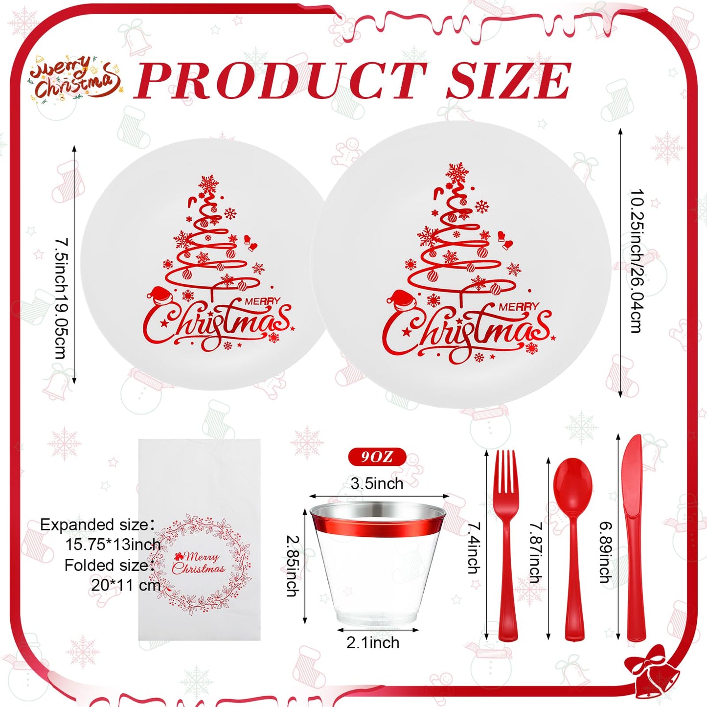 Shellwei Christmas Plastic Dinnerware Set, Xmas Disposable Plates Includes 40 Dinner Plates 40 Cup 40 Dessert Plate 40 Paper Napkins 40 Forks Knives Spoons Supplies for Christmas(Red White,Xmas Tree)
