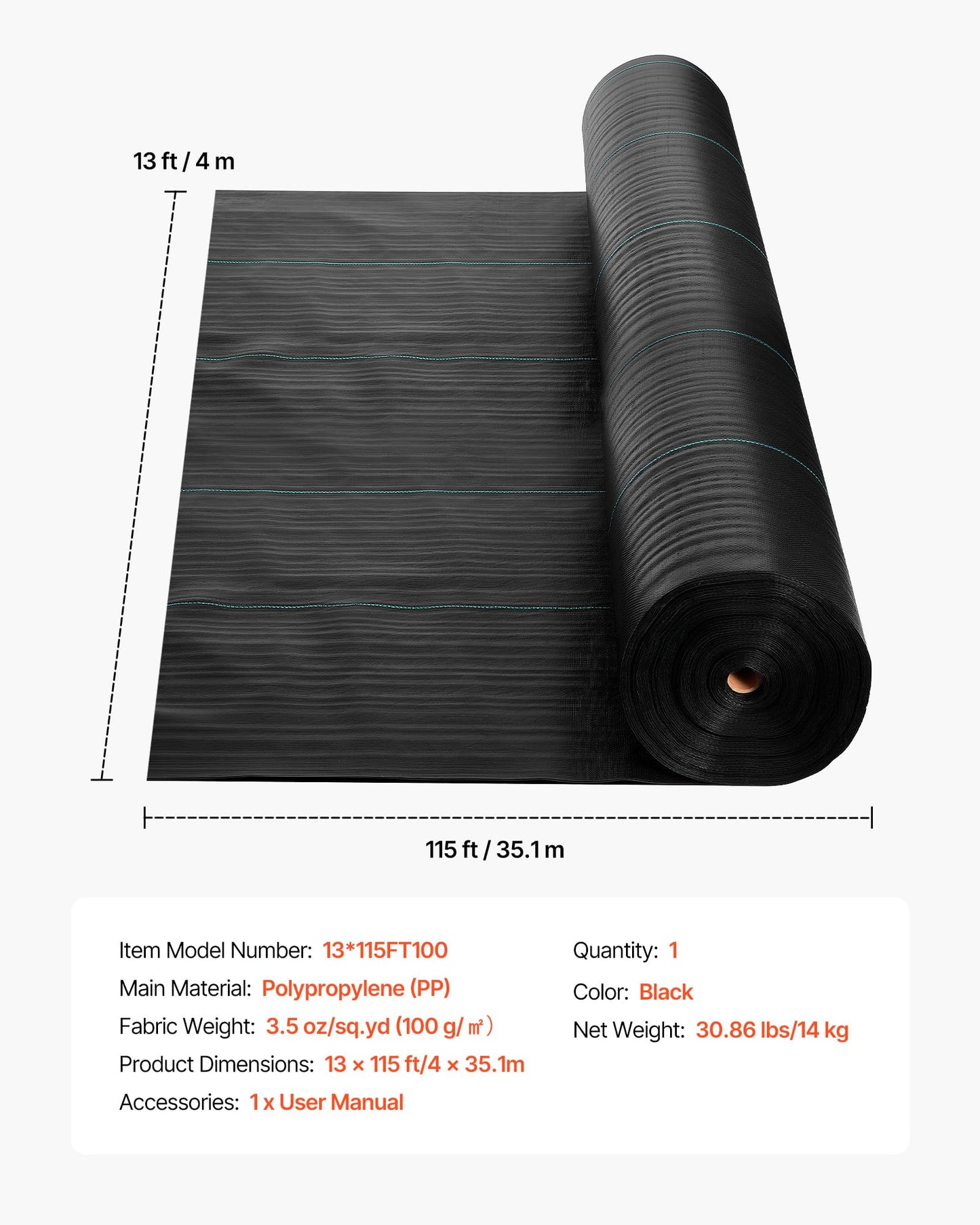 VEVOR Weed Barrier Fabric Heavy Duty, 13x115FT 3.5oz Landscape Fabric, Woven Weed Blocker Fabrics, Garden Fabrics Weeds Barrier, Weeds Control Ground Cover, Geotextile Webbing, Gardening Mat, Black