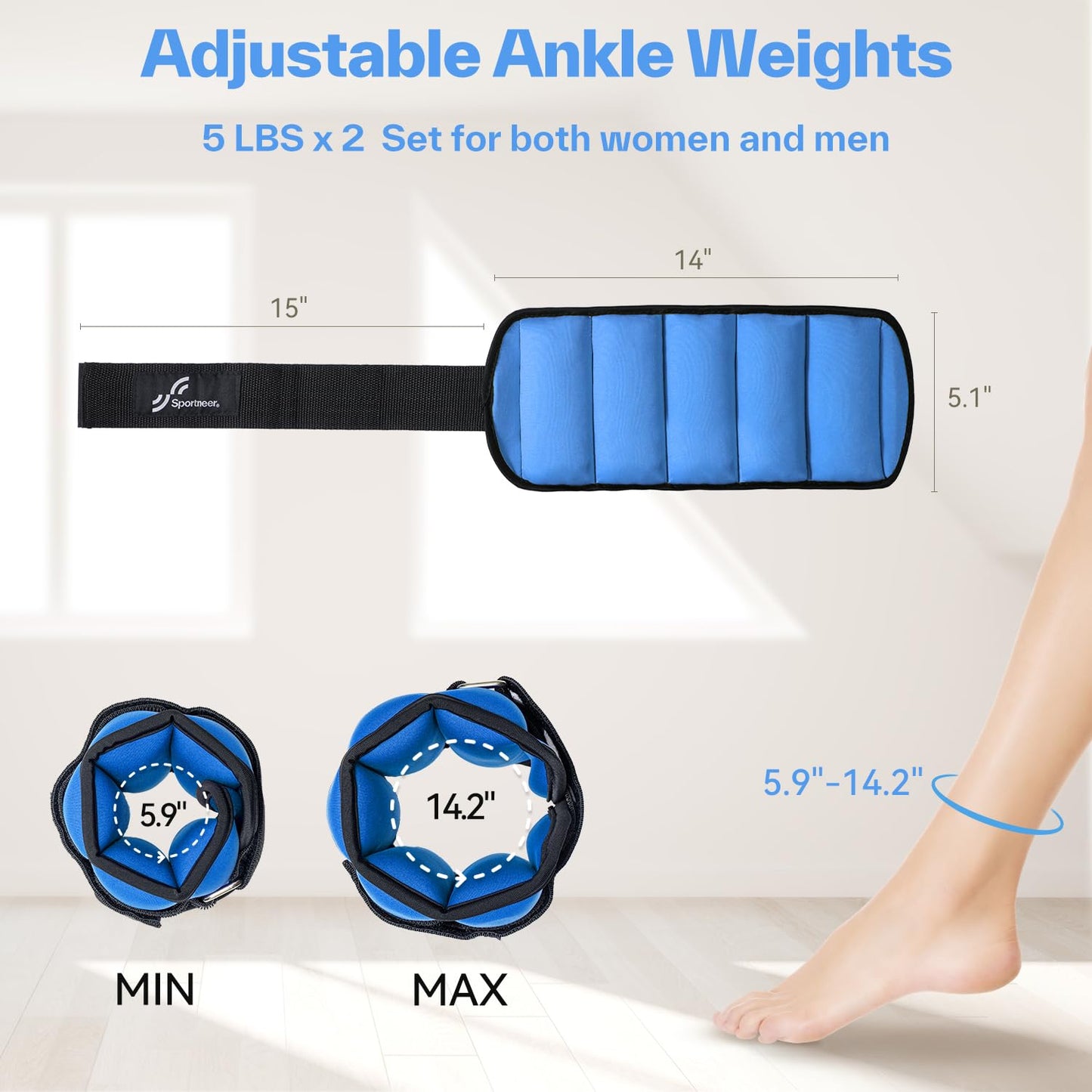 Sportneer Adjustable Ankle Weights: Upgraded Adjustable - Easy Pick & Place Leg Weights Cuffs Weights for Gym Fitness Yoga Walking Running Aerobics (Sapphire Glow, 5 lbs x 2)