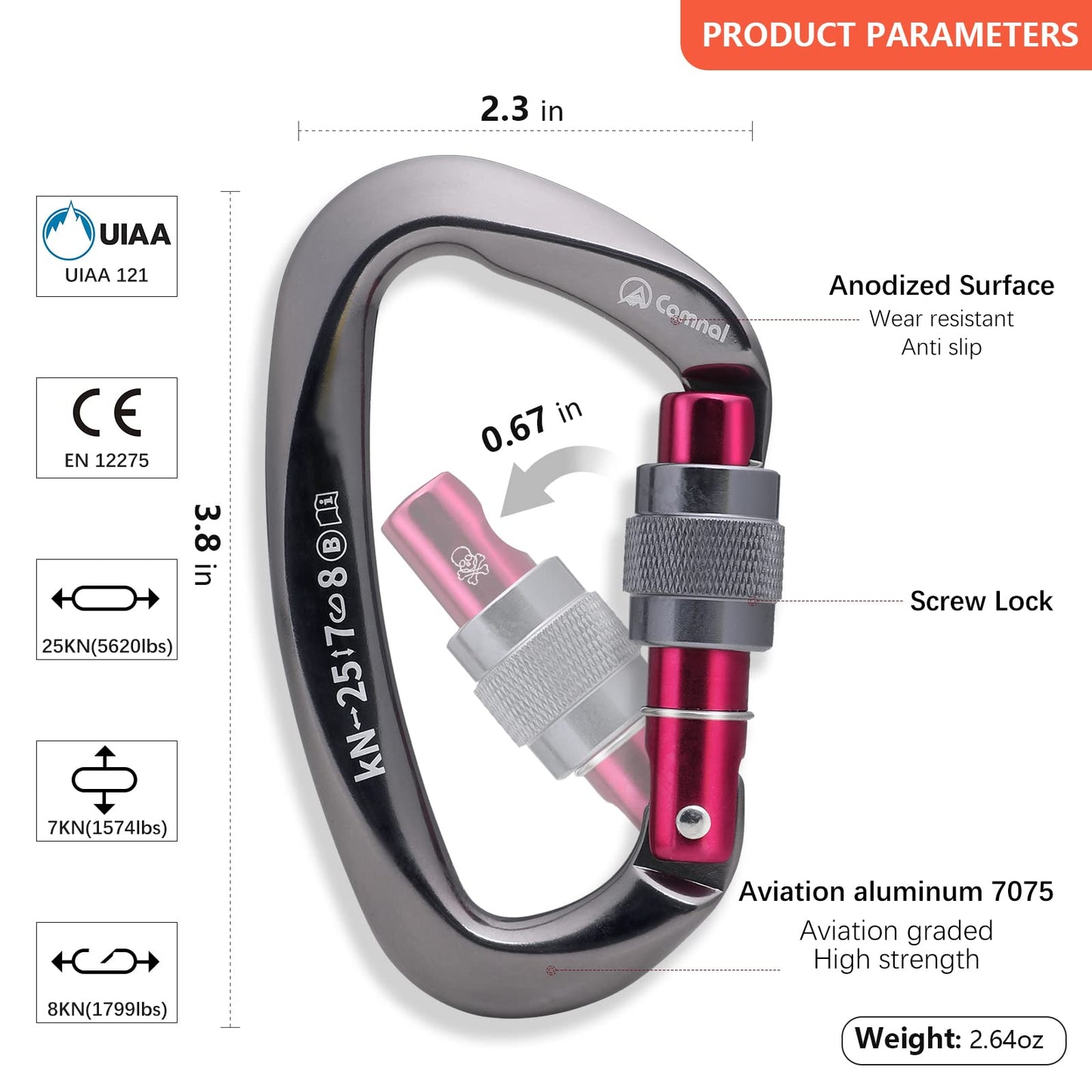 CAMNAL Heavy Duty Carabiner UIAA Certified Locking Carabiner 25KN (About 5620 lbs) Screw Lock Carabiner D Shape Carabiner Clip for Rock Climbing, Mountaineer, Aerial Work