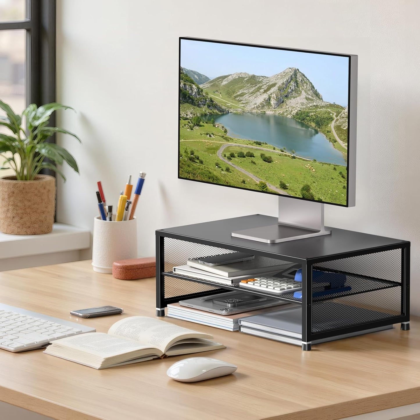 2-Tier ECOLOVI Computer Monitor Stand Riser, Desk Organizer for Monitor, Printer & Laptop Stand, Desktop Workspace