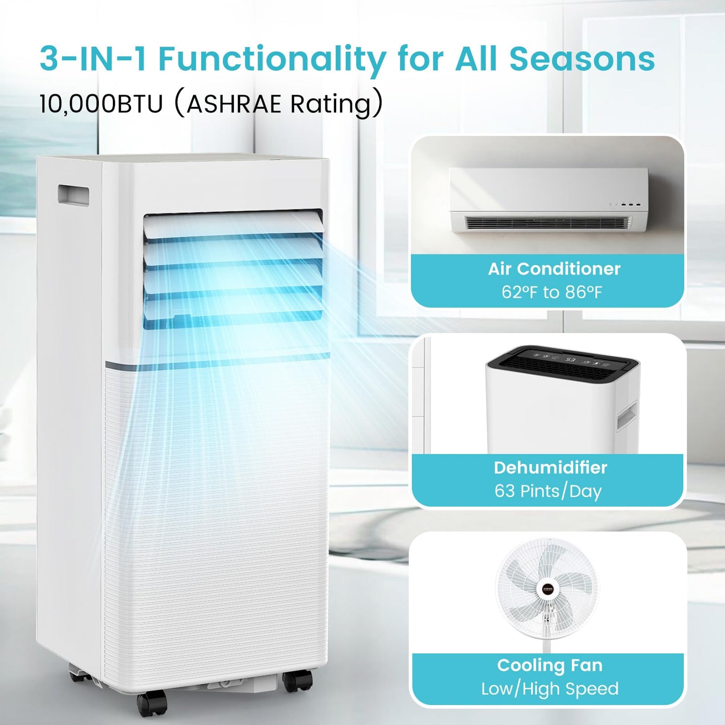 Electactic 10,000 BTU Portable Air Conditioner, 4-in-1 AC Cooler Dehumidifier Fan with LED Display, Remote Control, Quiet, Sleep Mode, 360° Casters, Window Kit for Room Office Apartment