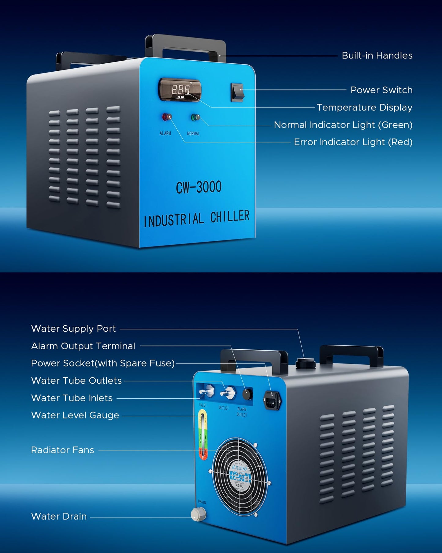 OMTECH 9L Industrial Water Chiller 2.6gpm CW-3000 Water Cooler for 40W K40 CO2 Laser Engraving & Cutting Machines, Water Cooling System Radiates 50W of Heat per Degree C