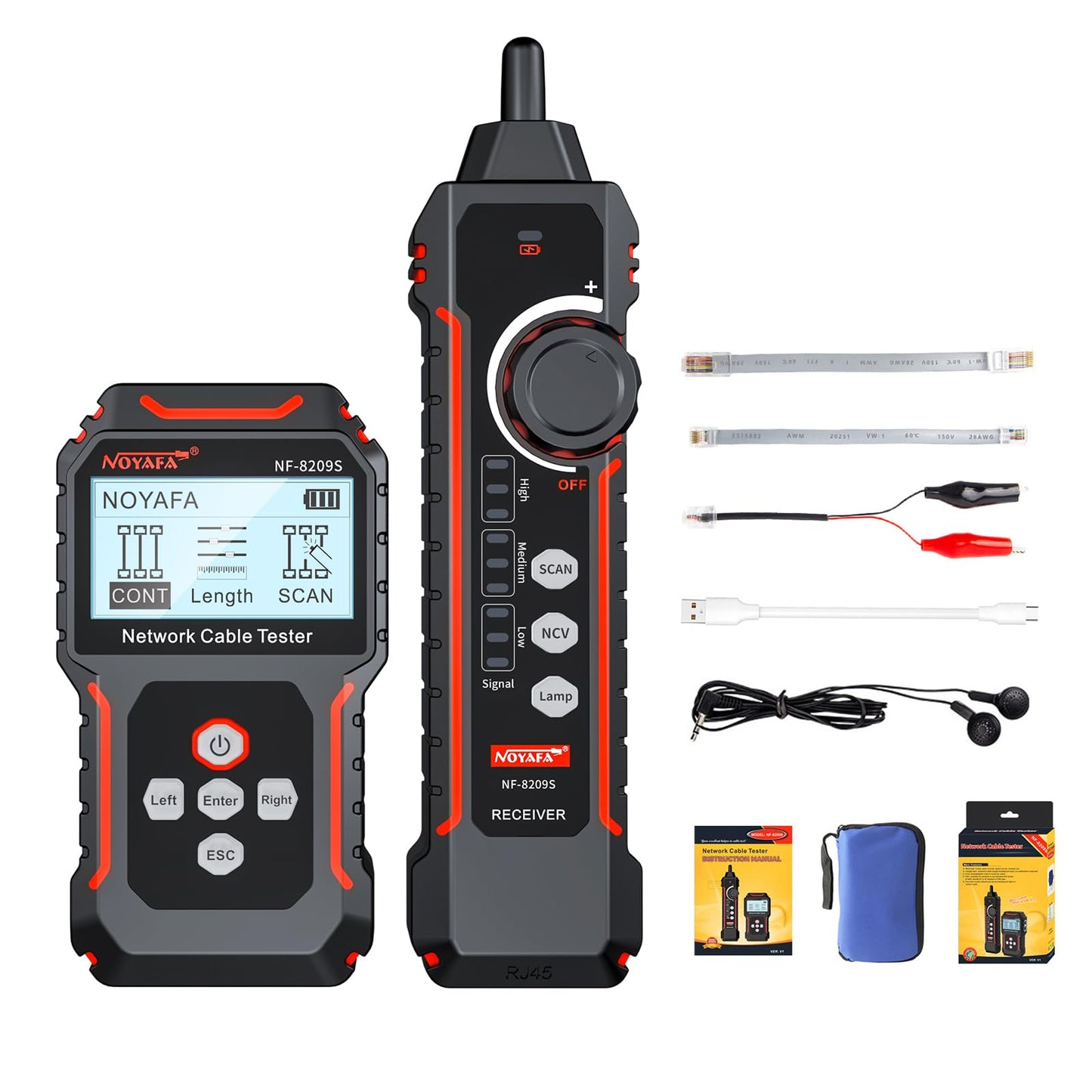NOYAFA NF-8209S Network Cable Tester, Ethernet Cable Tester with CAT5, CAT6 Line Tracer, PoE, NCV, Length Test, Port Flashing, Fault Line Scan for Cable Grooming, LAN Network Cable Tracer Kit