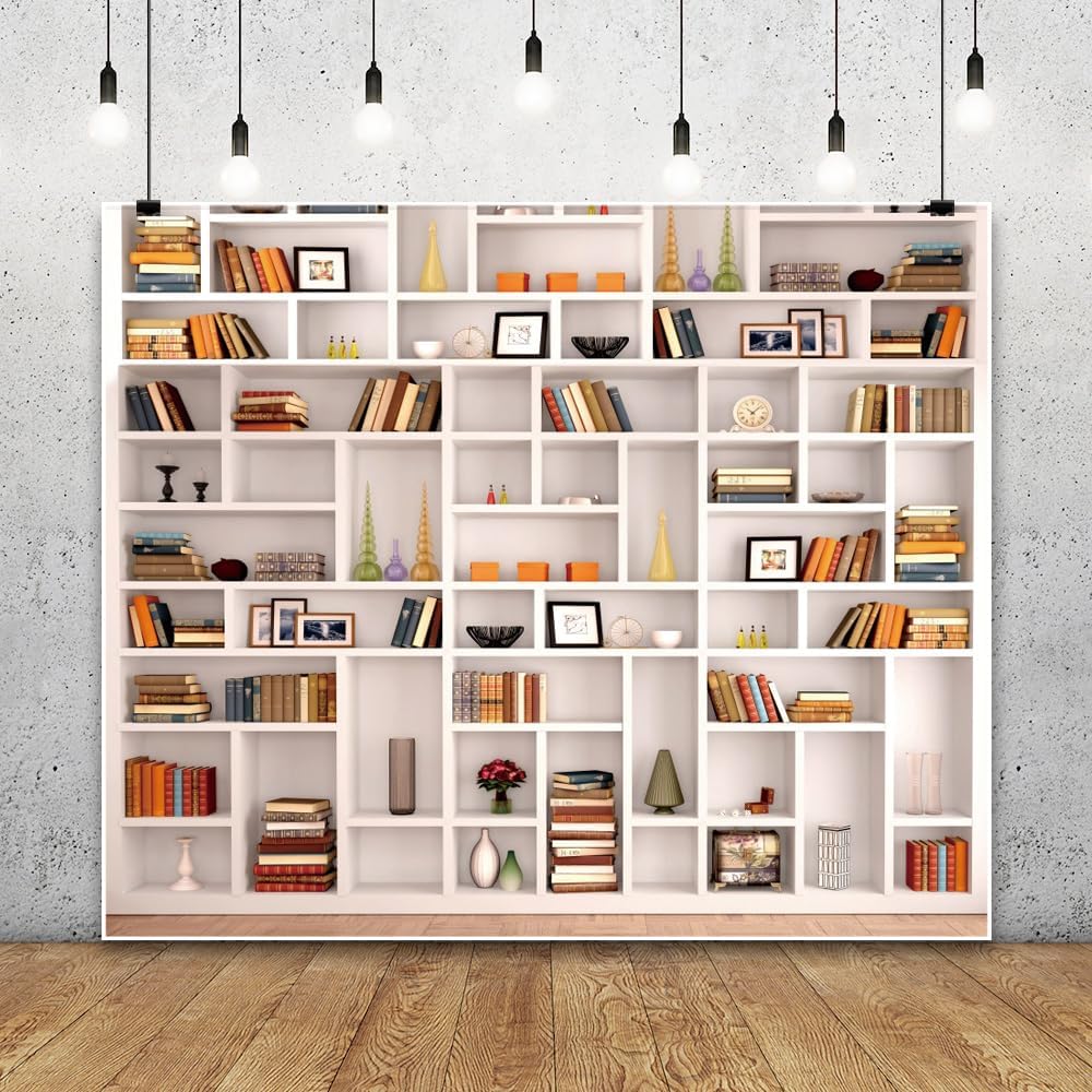 Leowefowa 10x8ft White Bookshelf Photography Backdrop Morden Library Bookcase Background Home Office Room Books Study