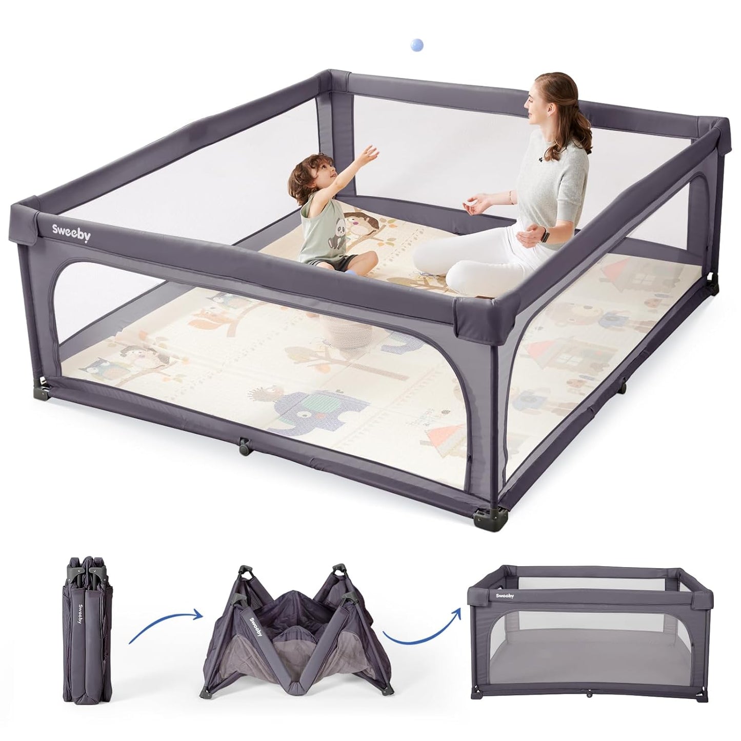 Sweeby Baby Playpen - 59x59 Inch Indoor/Outdoor Play Yard with Door for Babies & Toddlers | Dark Grey