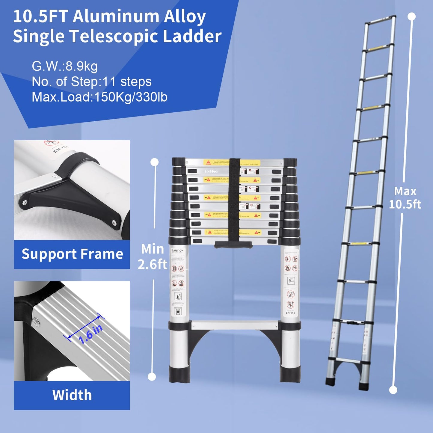 JADDUO Telescoping Ladder 10.5 FT, 330LBS Heavy Duty, Silver