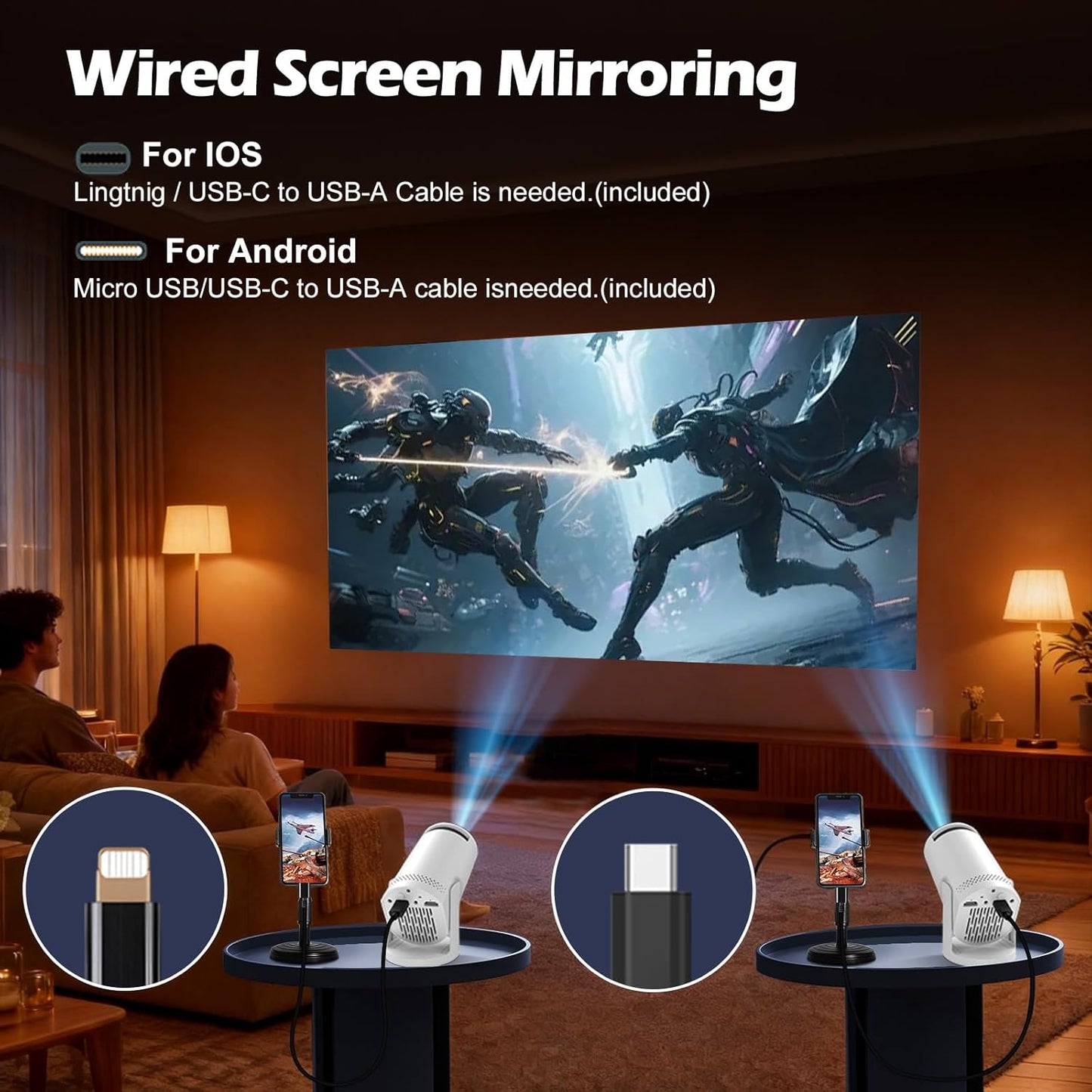 BESUS 4K 1080P 180 17-130" Mini projector, with wired screen sync portable projector rotation. screen video projector.