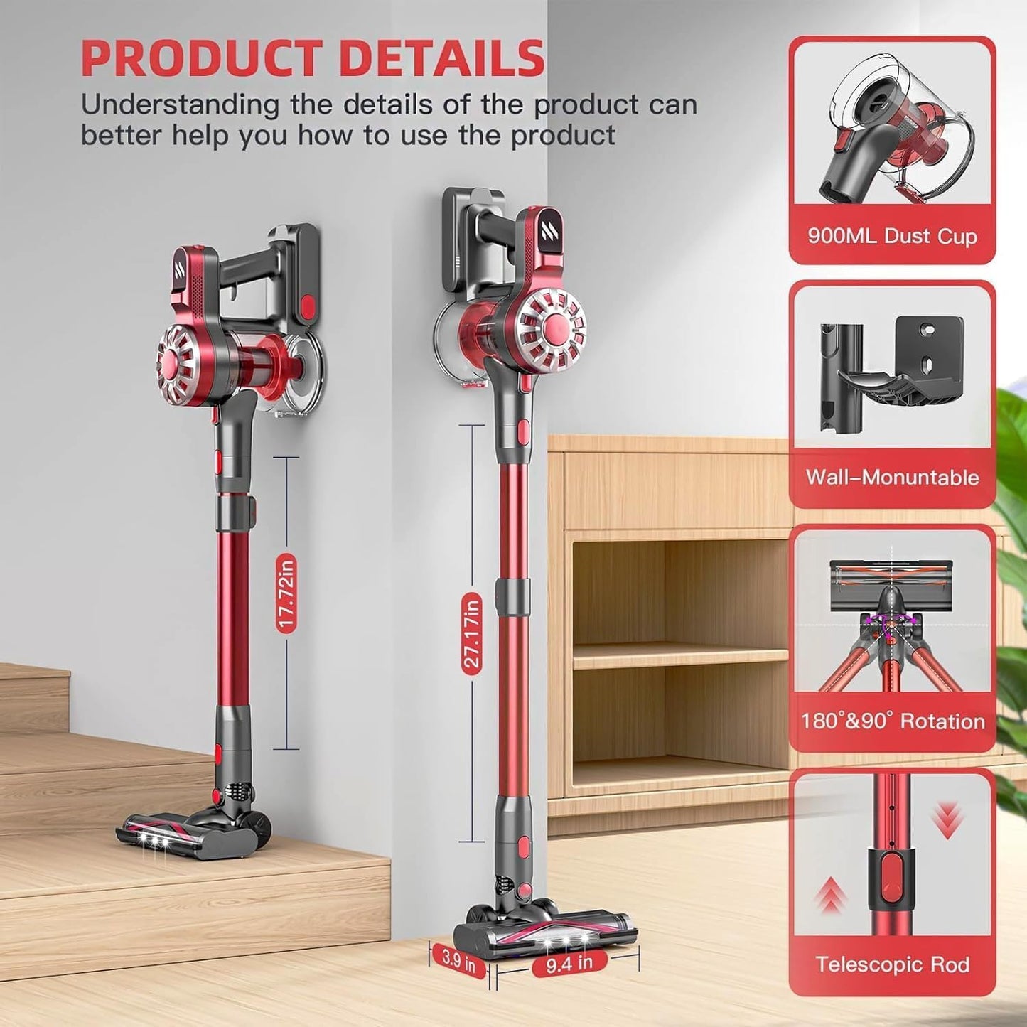WLOTPO Cordless Vacuum Cleaner - Lightweight & Powerful Suction | 35-Minute Runtime for Pet Hair & Hard Floors (Red Grey)