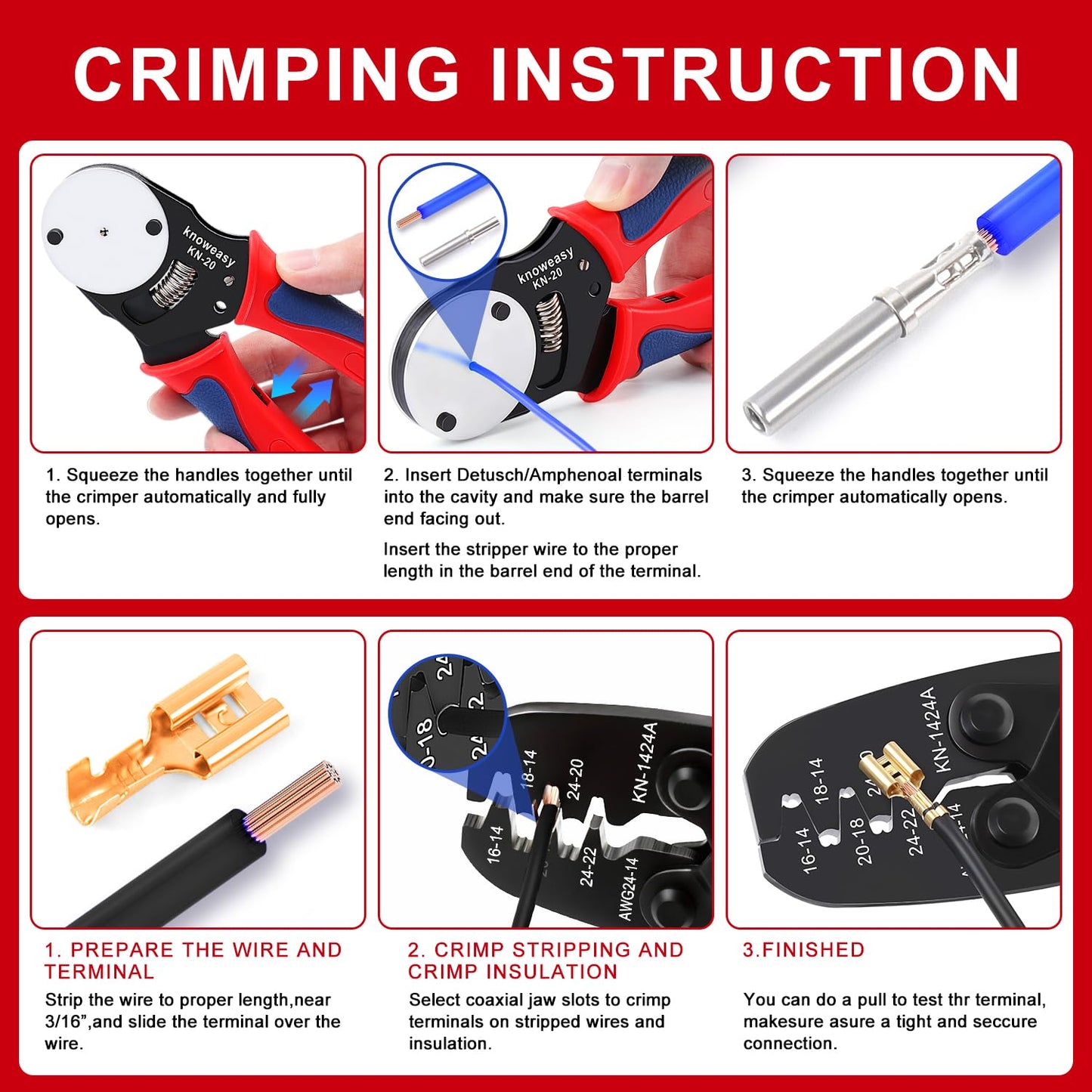 Knoweasy Deutsch Crimper Kits for Deutsch DT Connectors: Close Barrel and Open Barrel Crimper, Deutsch Removal Extraction Tool, Weather Pack Terminals - Includes 12PCS