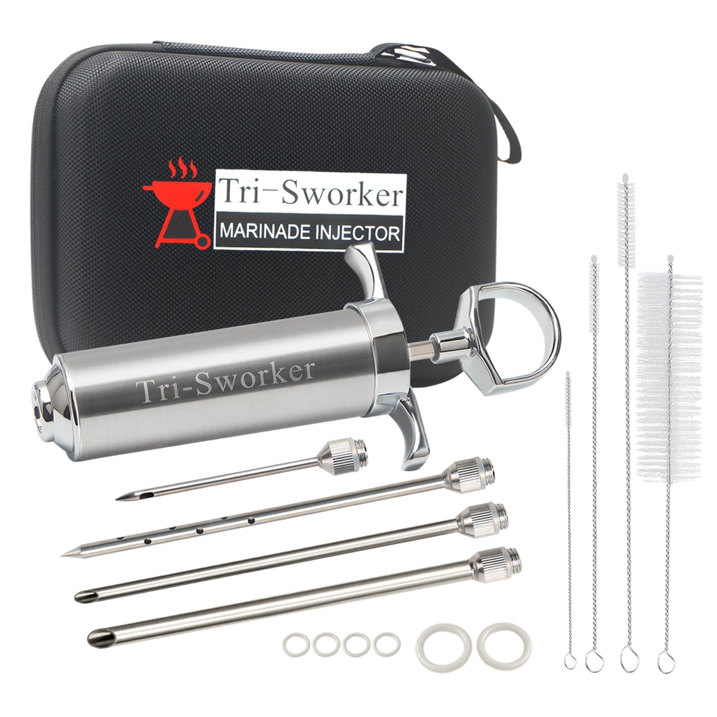 Tri-Sworker Meat Injectors for Smoking with Case and 4 Flavor Food Injector Syringe Needles, Injector Marinades for Meat, Turkey, Brisket; 2-oz; Including Paper and E-Book (PDF) User Manual