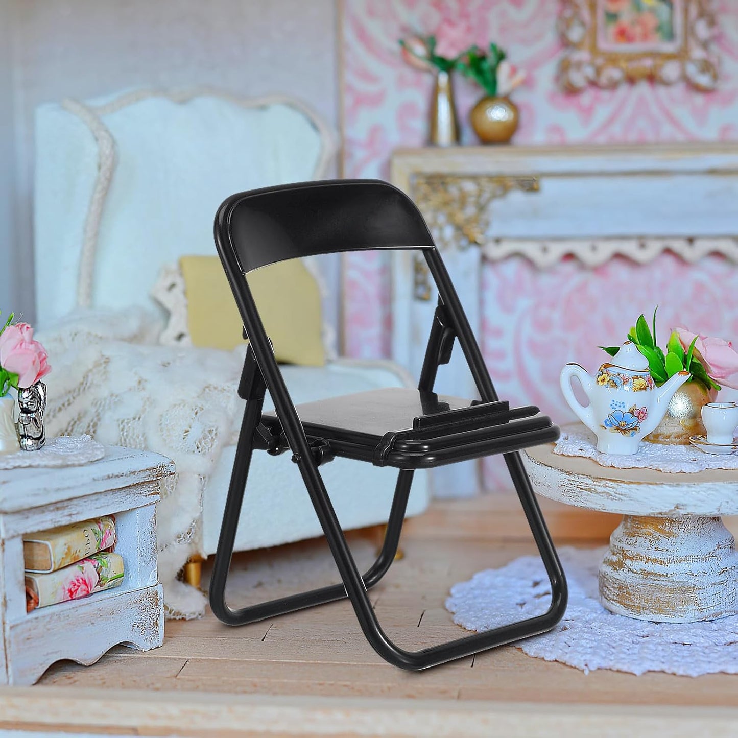 12Pcs 3.94X2.56X2.17 Inches Nolitoy Mini Folding Chair Mobile Holder Foldable Miniature Furniture Model Smartphone Desk