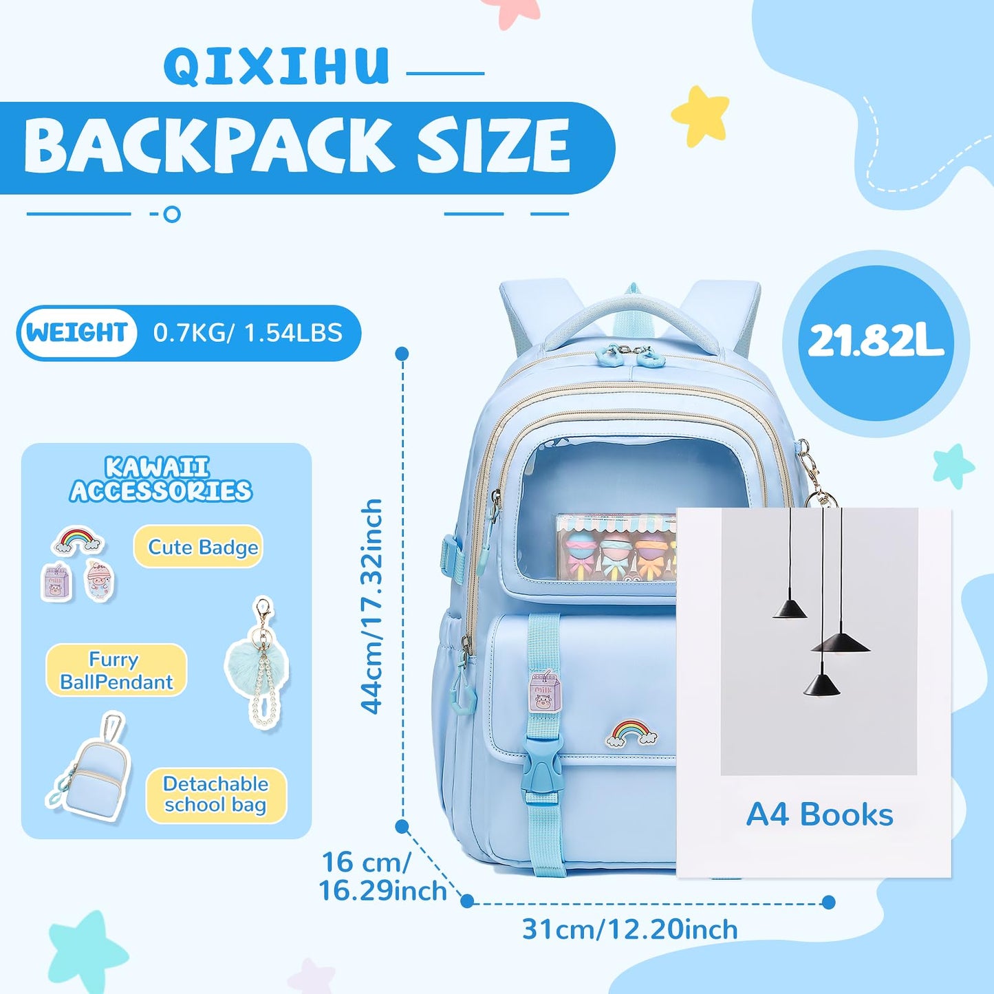 QIXIHU Girls Backpack, Kawaii Kids Backpacks for Girls Multiple Pockets School Bookbag for Girl for Primary Elementary School, Age 6-12 Years Old, Blue