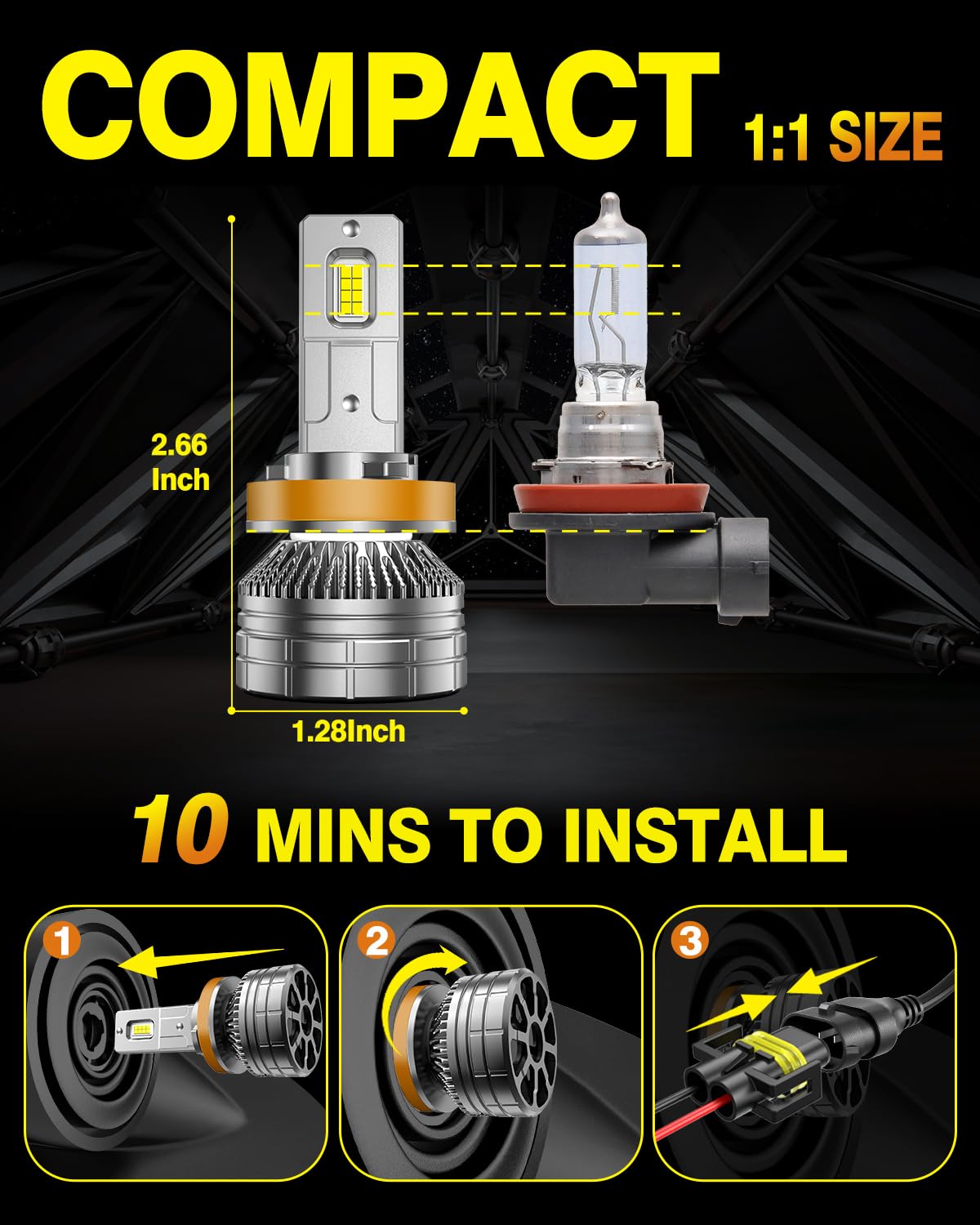 Termitor H11/H8/H9 LED Bulb, 60,000 Hours Life, 800% Brightness, 6500K Cold White, IP68 Waterproof, Plug and Play,