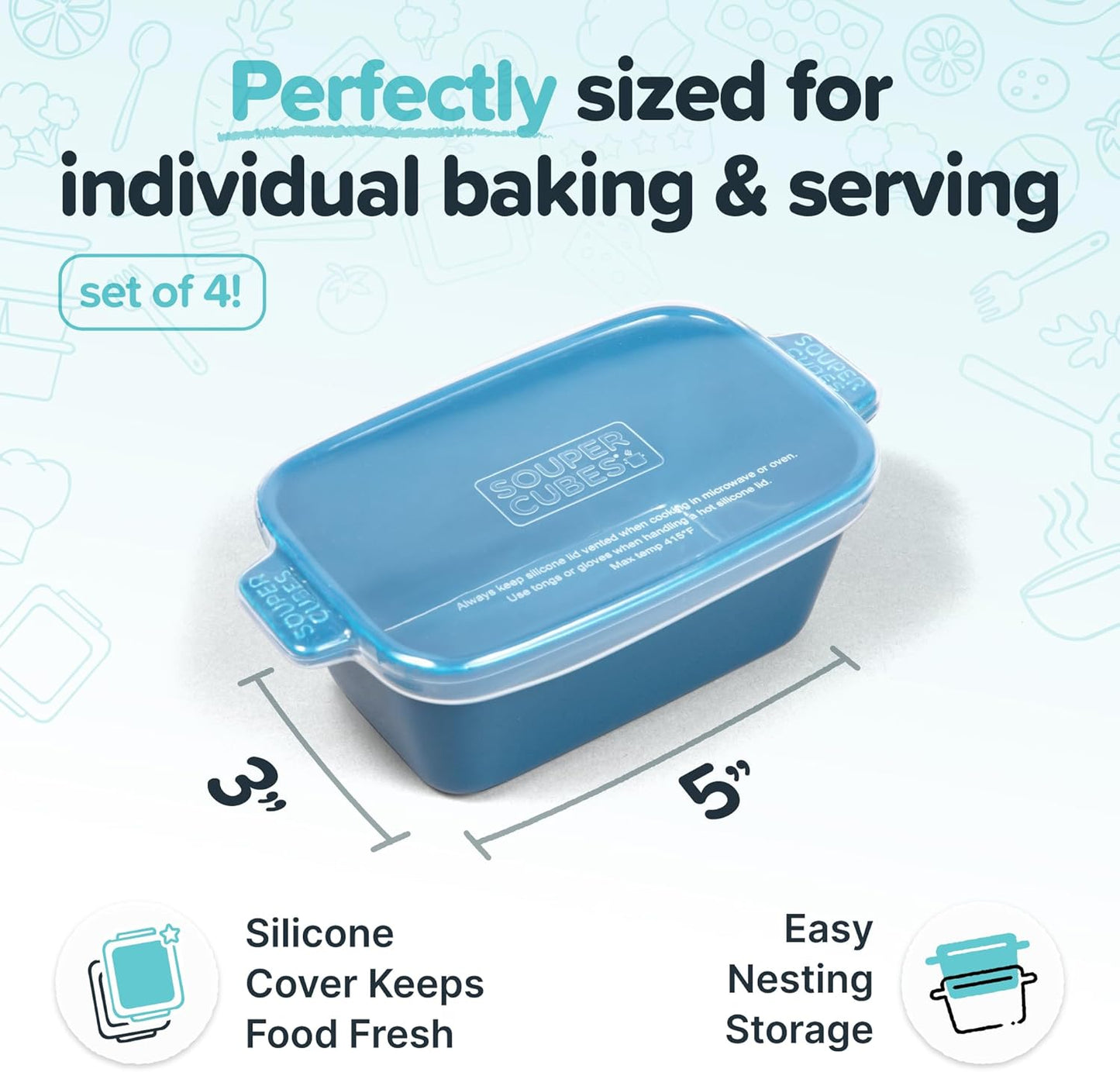Souper Cubes Stoneware - Small 5" x 3" Ceramic Baking Dish Set of 4 with Silicone Covers | Blueberry Color, Ideal for Reheating