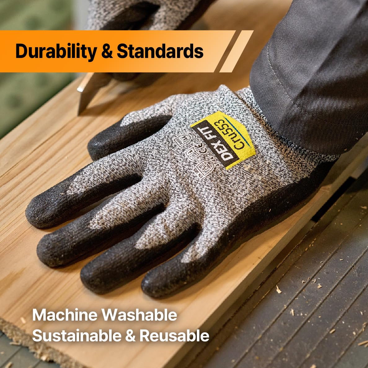 DEX FIT Level 5 Cut Resistant Gloves Cru553, 3D-Comfort Stretchy Fit, Power Grip, Professional Grade, Thin, Touch-Screen Compatible, Durable, Machine Washable; Black Gray L (9) 12 Pairs