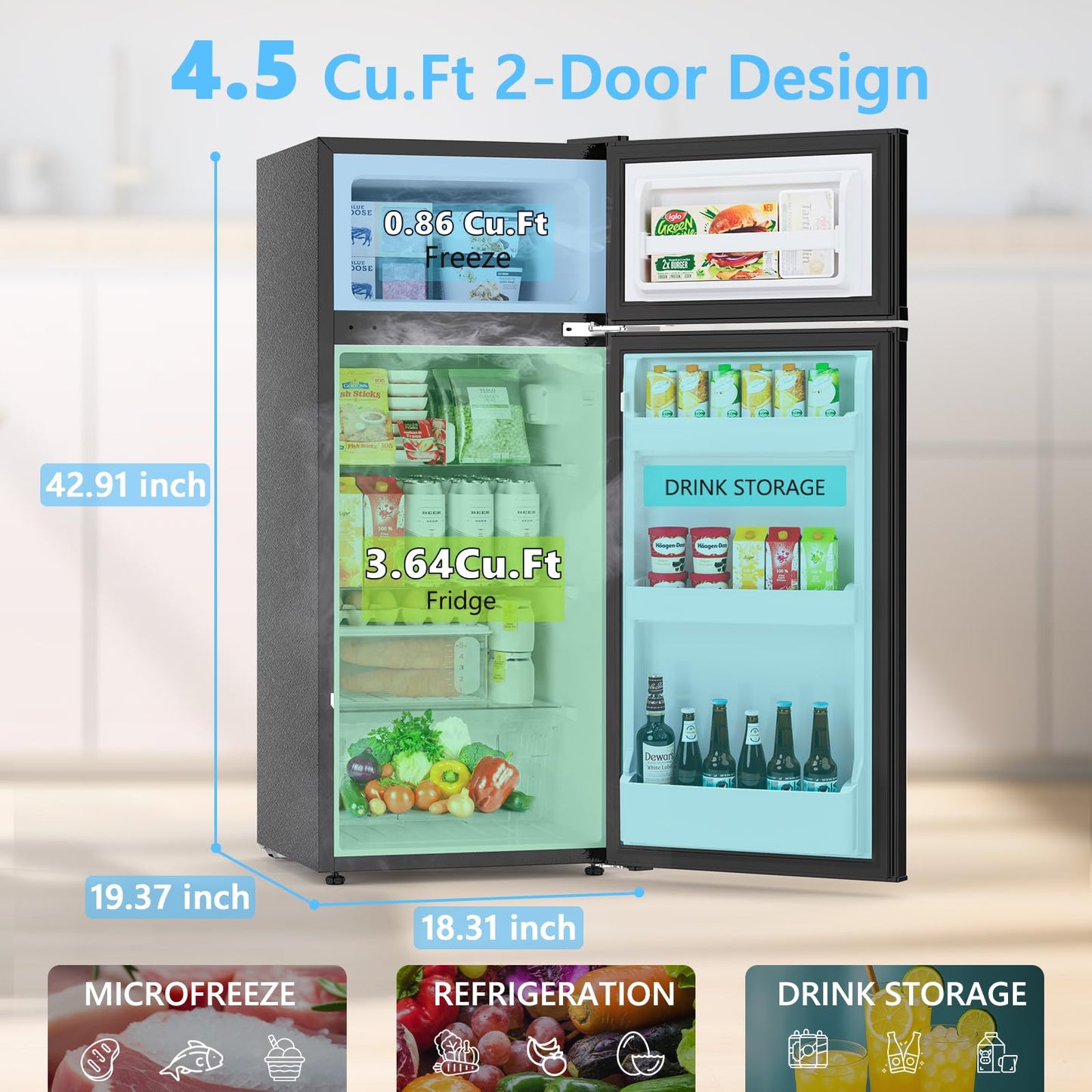 4.5 Cu.Ft Dorm Fridge With Freezer, 2-Door Compact Refrigerator With 2 Removable Shelves, 3 Level Adjustable Thermostat, Commercial Office Fridge for Bedroom, Kitchen, Apartment, Dorm, Black