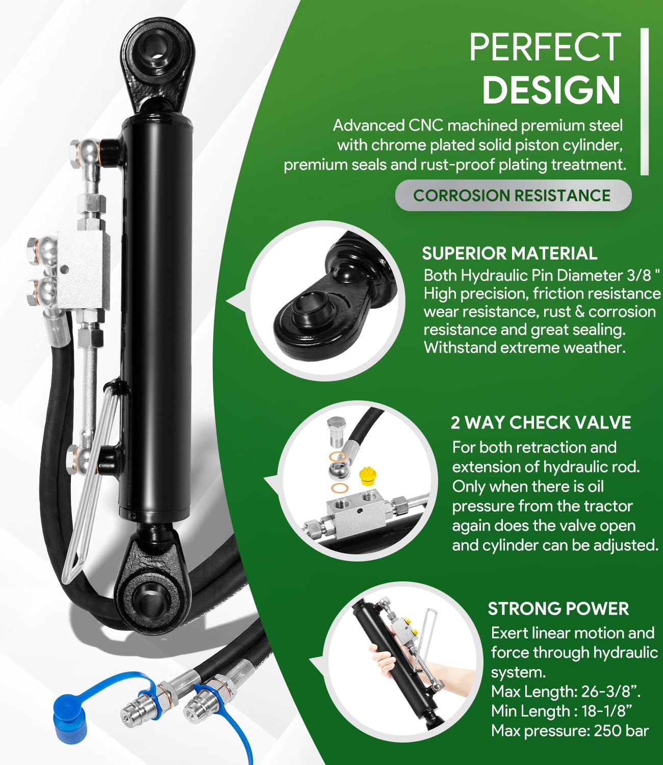 Hydraulic Top Link Cat. 1-1 (18 1/8” - 26 3/8”, 3/4" Hole) with Locking Block with 2 x Hose, SPH320032 2-Way Check Valve Hydraulic Cylinder for Tractor Excavators and Class 1& 2 Equipment