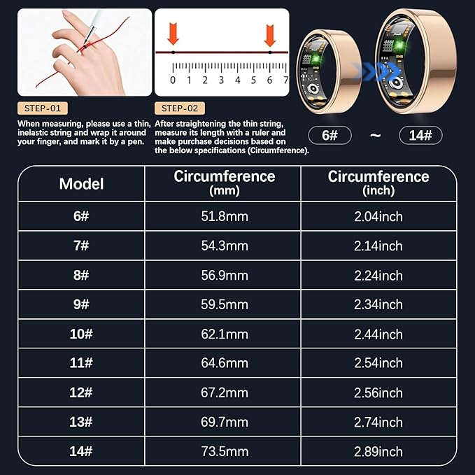 Ring Health Tracker for Women Men, Fit Ring with Heart Rate, Blood Oxygen, Sleep Monitor, Calories, Step Counter, IP68 Waterproof Smart Ring for iPhone & Android, No Subscription Fee (Rose Gold, 10#)