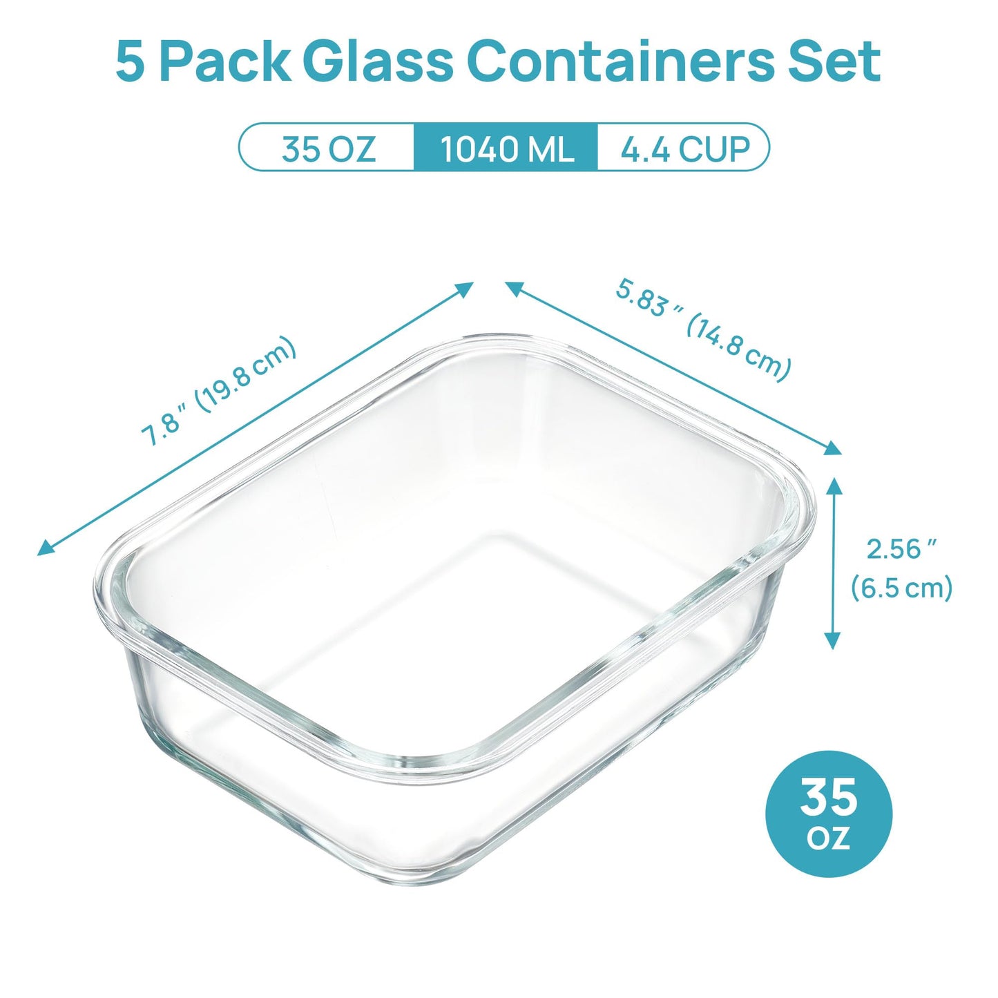 Vtopmart 5 Pack 35oz Glass Containers with Bamboo Lids, Meal Prep Food Storage Containers, BPA Free, Microwave & Dishwasher Safe