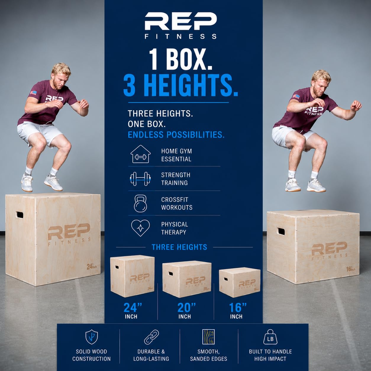 Rep Plyometric Wood Jump Box | CrossFit & Strength Training | 24/20/16 Wooden Step Platforms | Gym & Sports Workouts | Fitness, Exercise, Physical Therapy Equipment | Pro Conditioning Tool