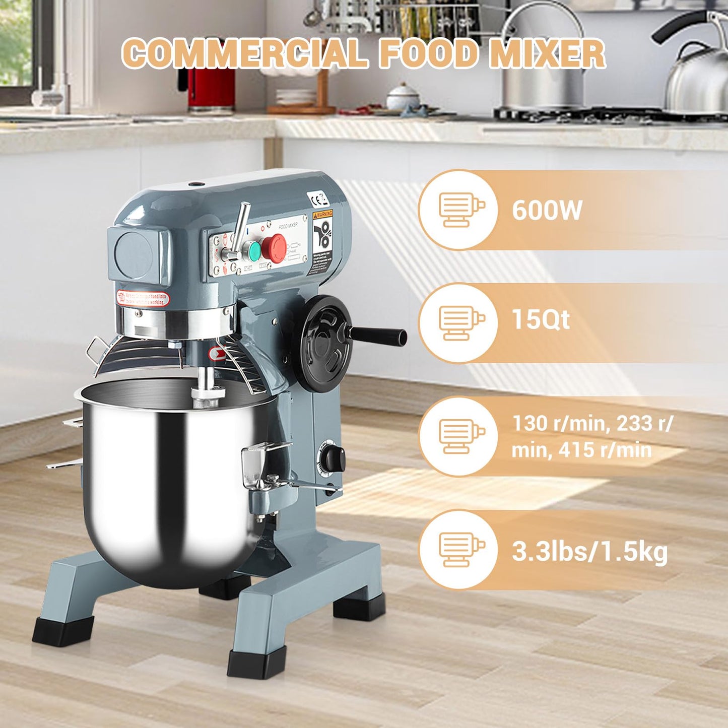 15Qt Commercial Food Mixer, 660W Commercial Stand Mixer with 3 Speeds Adjustable, Heavy Duty Electric Dough Mixer with Stainless Steel Bowl, Dough Hooks &Whisk Beater, for Bakery Pizzeria