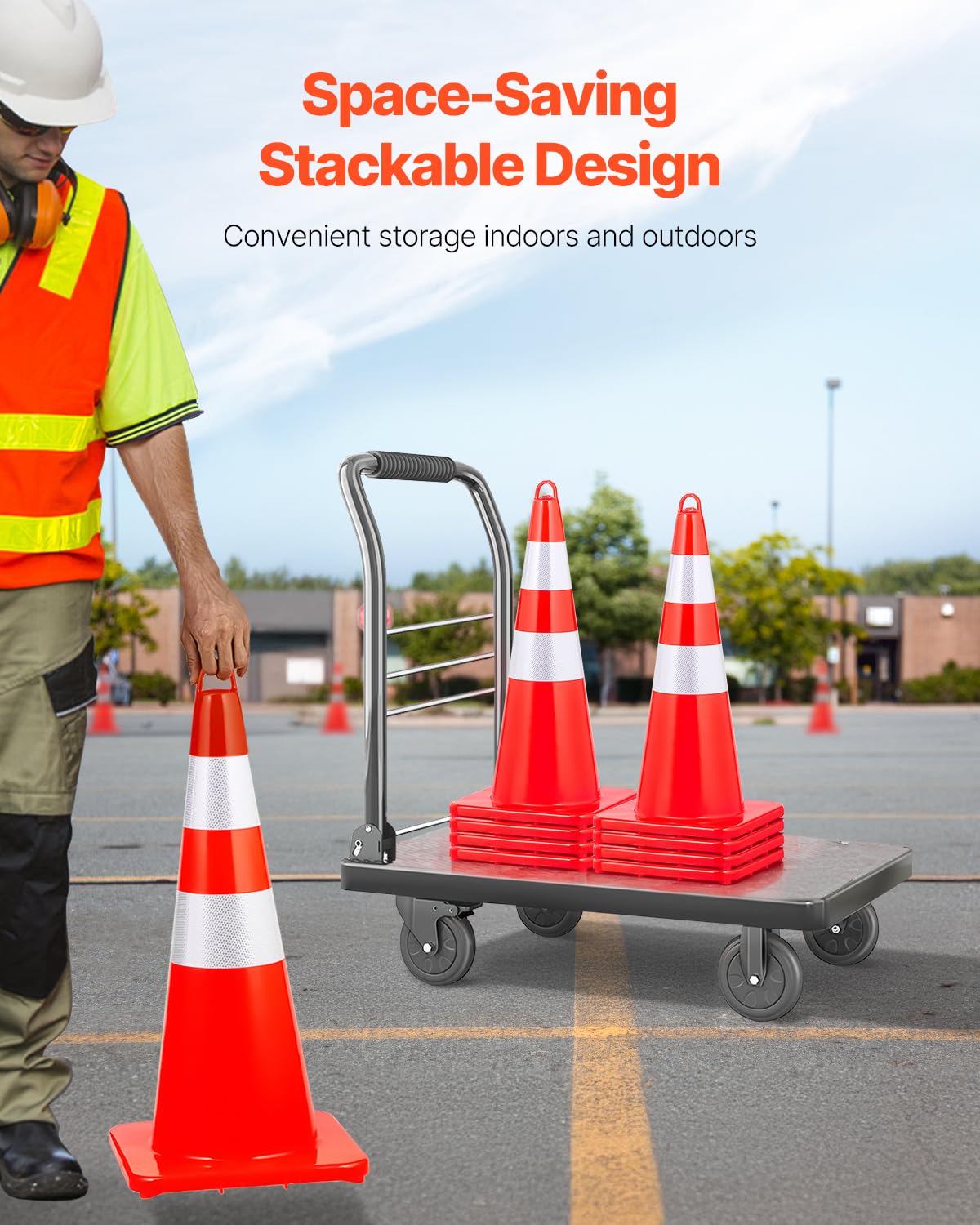 VEVOR Safety Cones, 12 x 28" Traffic Cones, PVC Orange Construction Cones, 2 Reflective Collars Traffic Cones with Weighted Base and Hand-Held Ring Used for Traffic Control, Driveway Road Parking