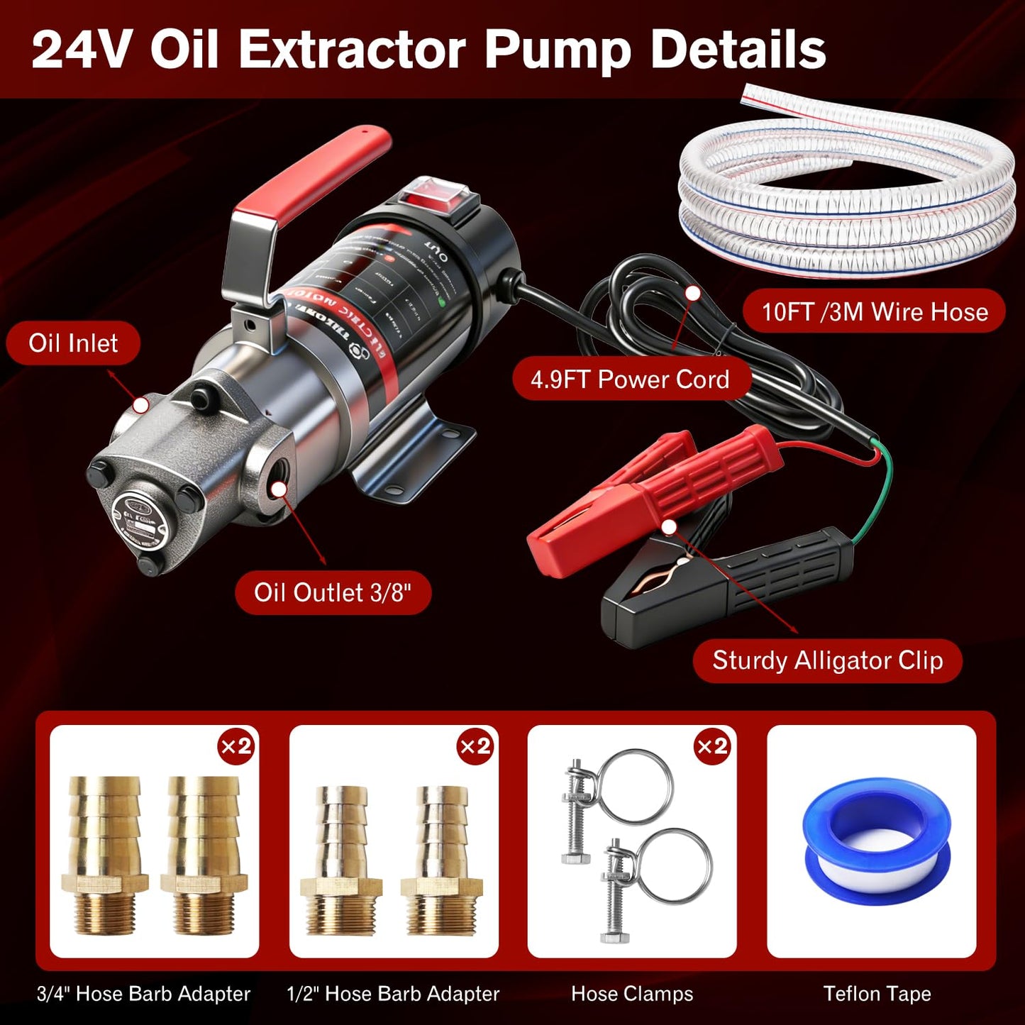 STEAUTY Oil Change Pump, 3.2 GPM Self Priming Gear Pump, 24V Electric Oil Transfer Pump with 10FT Steel Wire Hose, Rugged Metal Gears for Marine Boat Truck Excavators Industrial Machinery