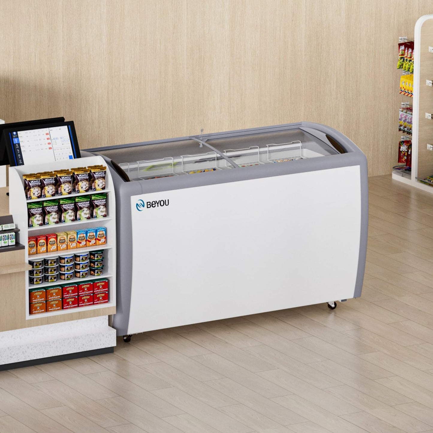 BEYOU Commercial Ice Cream Freezers with Display Glass Top，16.3 Cu.ft Chest Freezer with Wire Basket, White