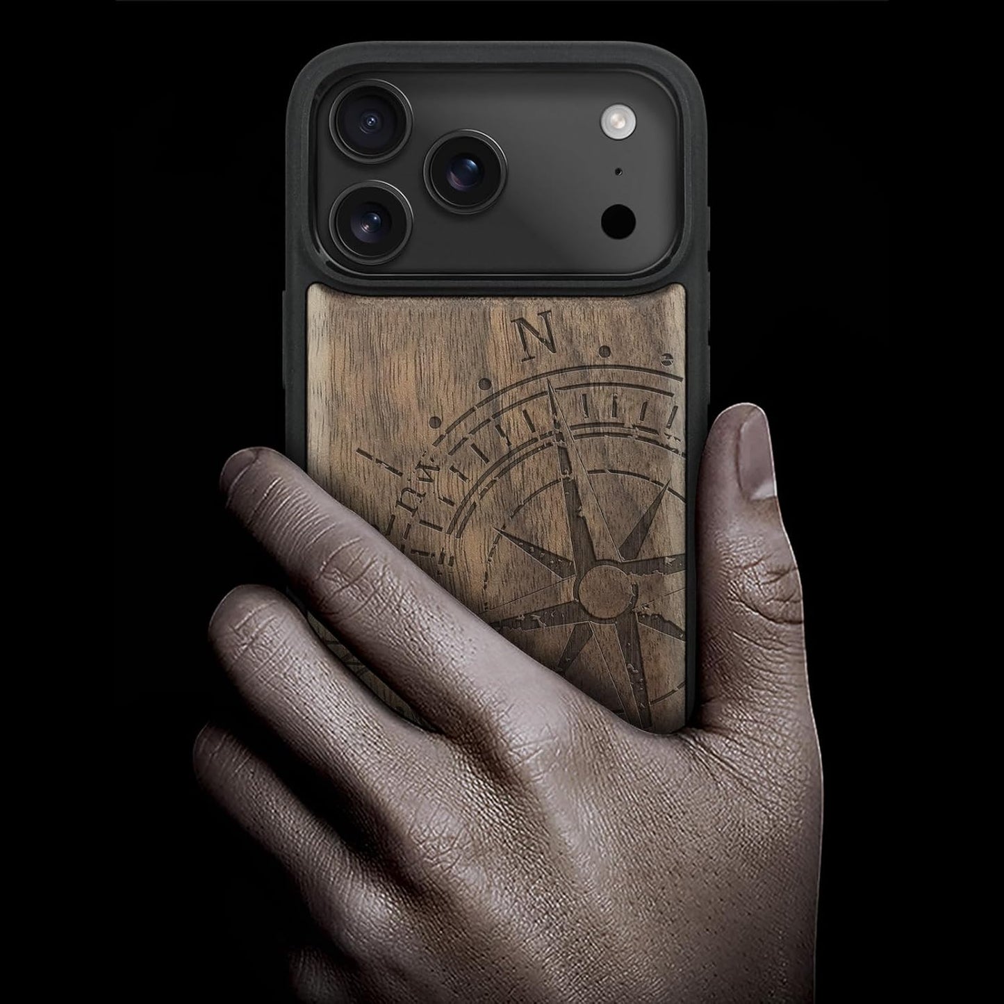 Carveit 17 Magnetic Wooden Case for iPhone Pro Max Case, Wood Artisan Engraved & Black Soft TPU Shockproof Cover