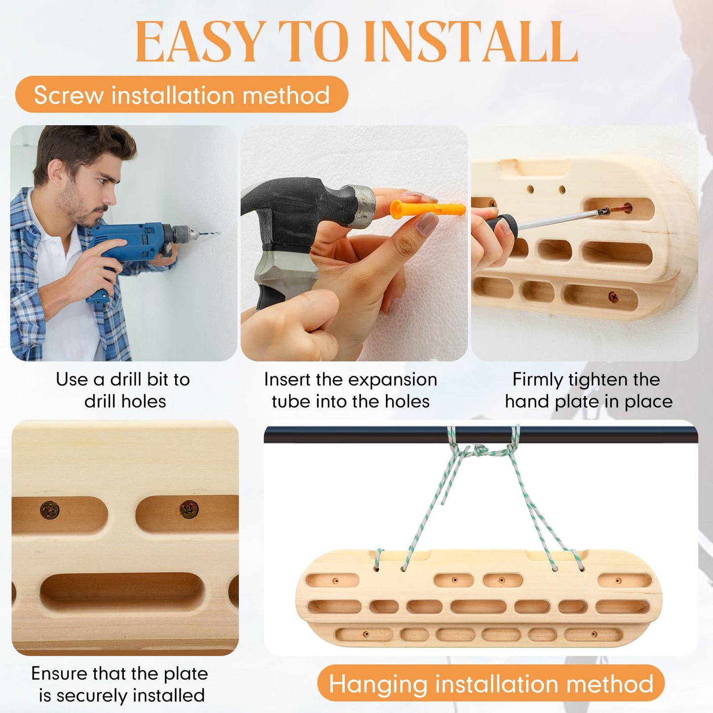 JolliLudo Climbing Hangboard Rock Climbing Fingerboard Gifts Portable Mounted Training Station Pull Up Bar Wooden Hand Grip Strengthener Exerciser with Installation Kit and Rope for Climbers Athletes