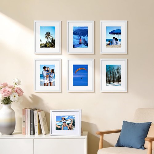 HappyHapi 8x10 Picture Frame Set of 6 - Versatile White Frames for 5x7 or 8x10 Photos | Wall or Tabletop Display