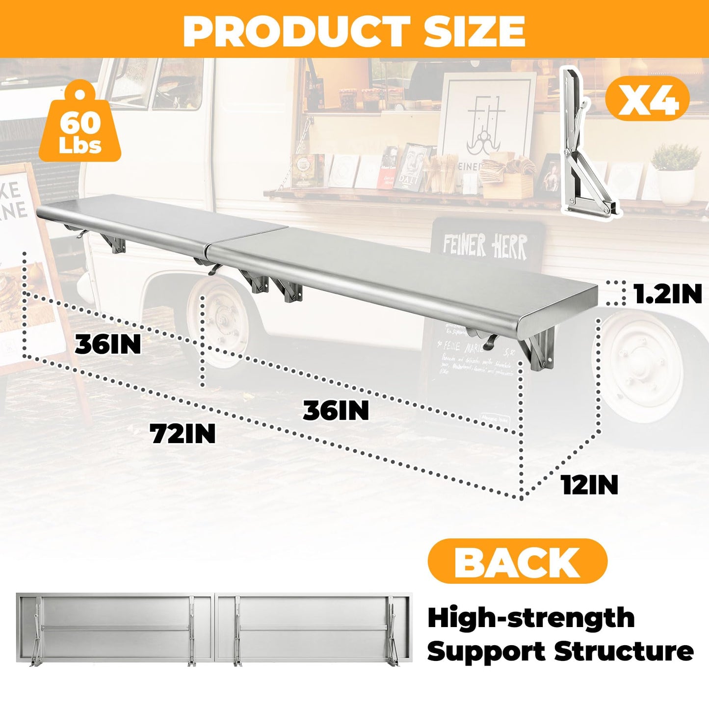 72" x 12" Split Stainless Steel Folding Concession Shelf,Heavy-Duty Drop-Down Serving Window Shelf, Wall-Mounted Folding Serving Food Shelf Stand for Food Trucks, Concession Stands & Commercial Use