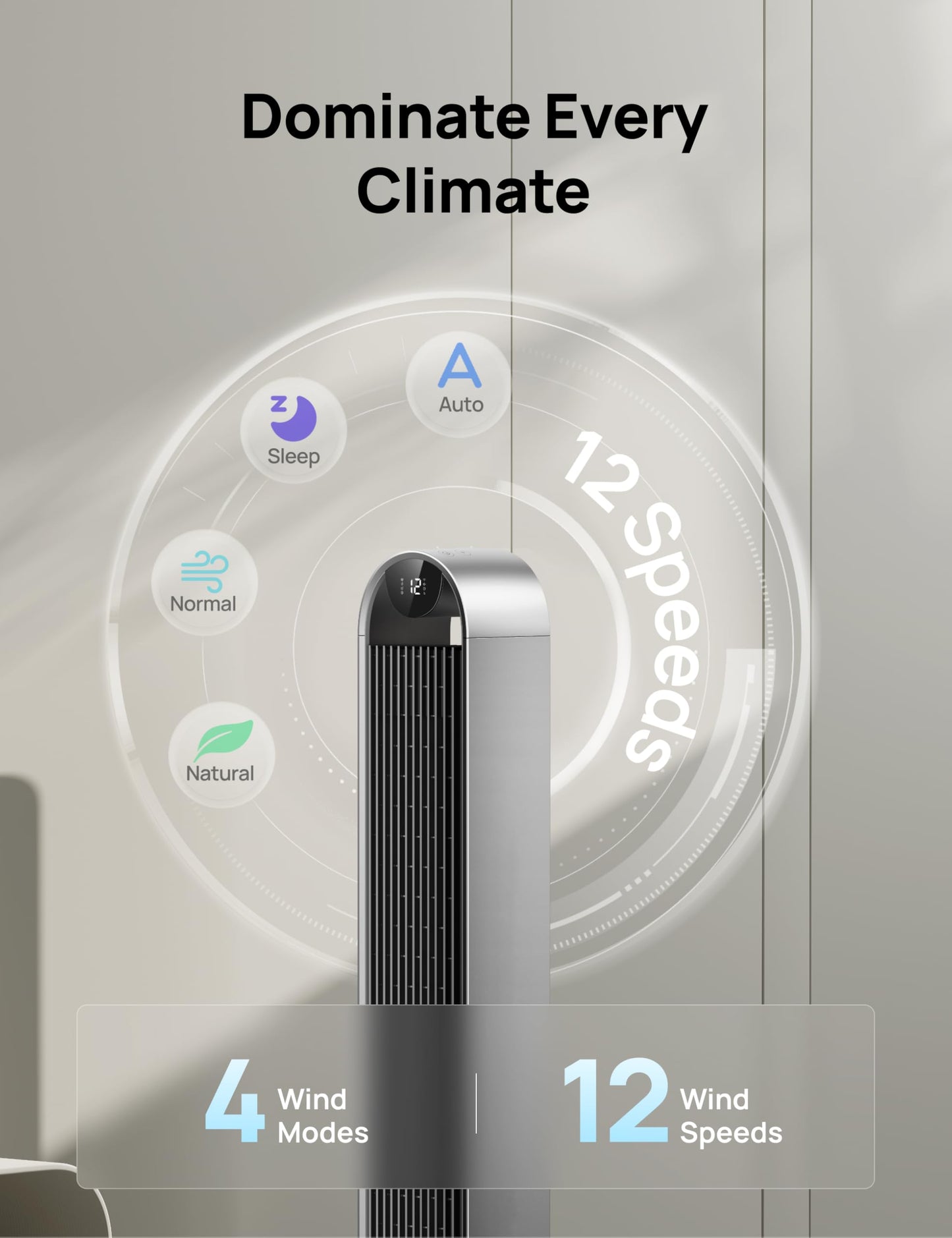 DREO Tower Fan for Bedroom, 42 Inch 120° Oscillating Fan, 20dB Quiet DC Motor, 28ft/s Velocity Bladeless Standing Fan with 12 Speeds, 4 Modes, 12H Timer Cooling Fans for Home, Living Room