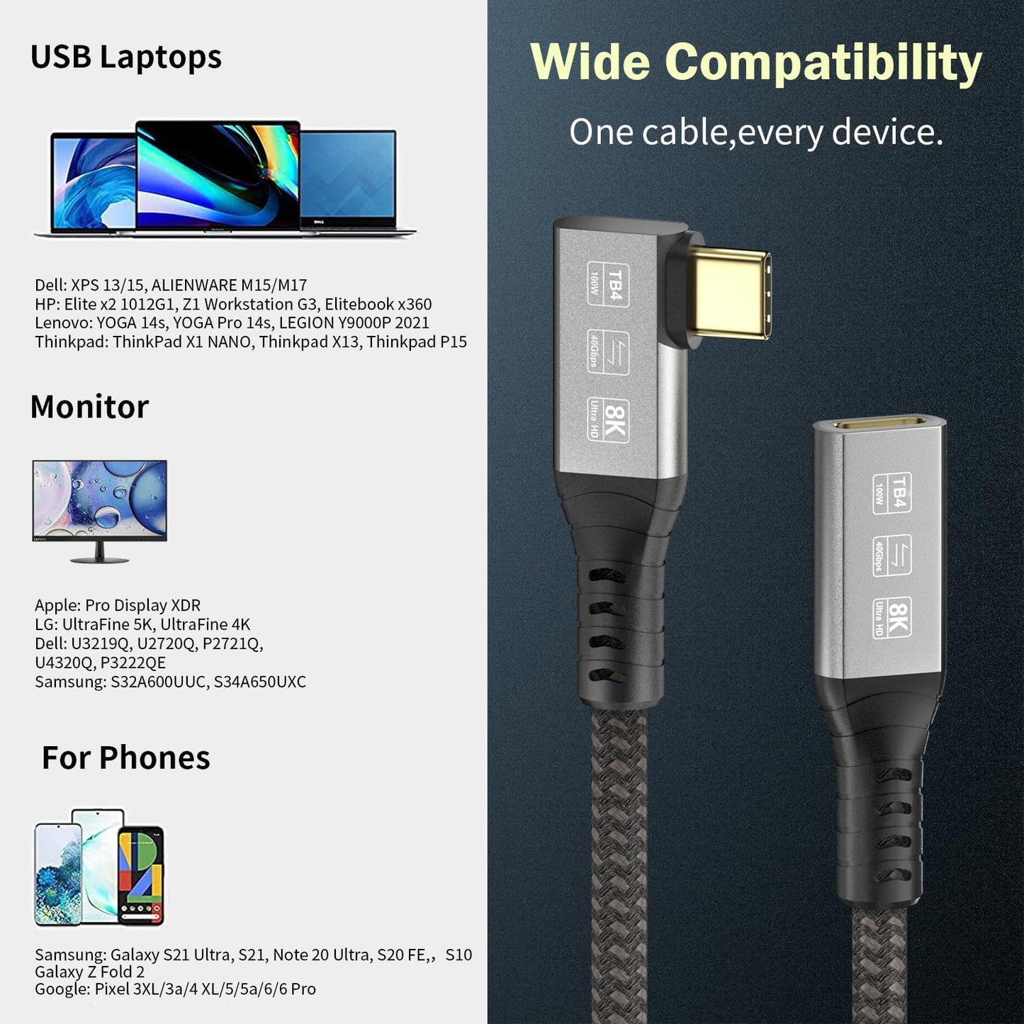 4 40Gbps, 90 8K 100W, 3/USB 4/3/Mac 2.6ft USB C Thunderbolt Extension Cable Right Angle Male to Famale Extender Cord