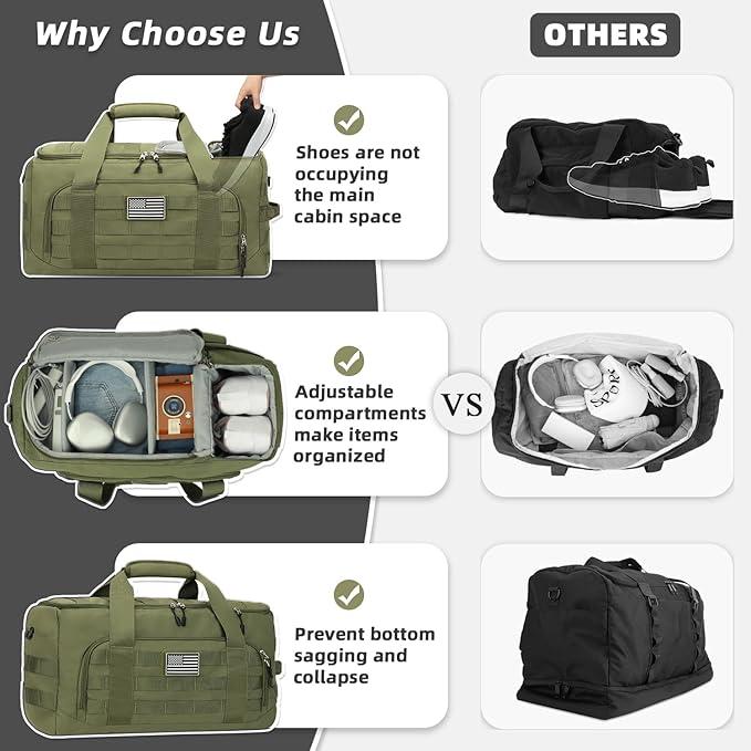 ZOMFELT Tactical Gym Bag for Men, 3-in-1 Travel Duffle Bag with Removable Dividers & Innovative Shoe Compartment, Waterproof MOLLE Travel Backpack, Airplane Carry-On Approved Workout, Outdoor, Green