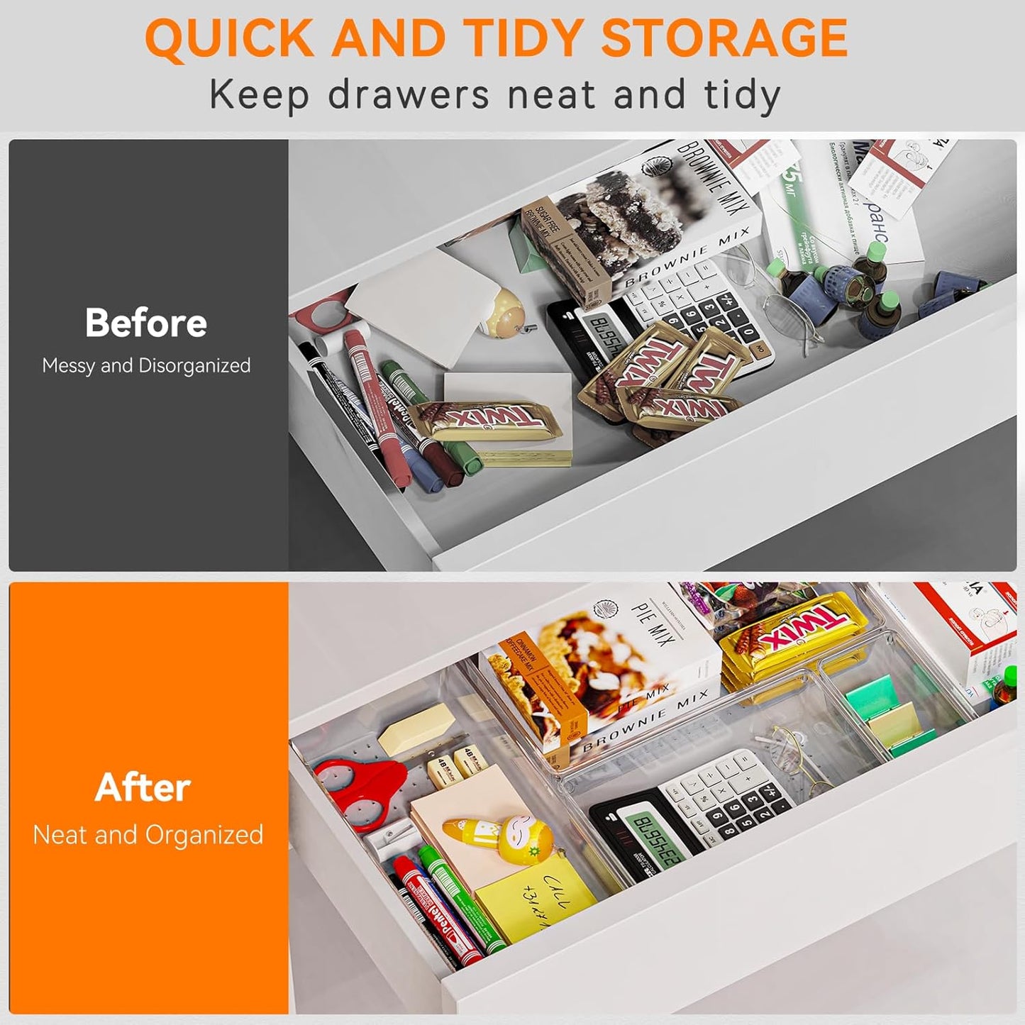 Skiennix 6-Pack Large Clear Plastic Drawer Organizer Trays - Non-Slip Storage Bins for Makeup, Kitchen Utensils & More