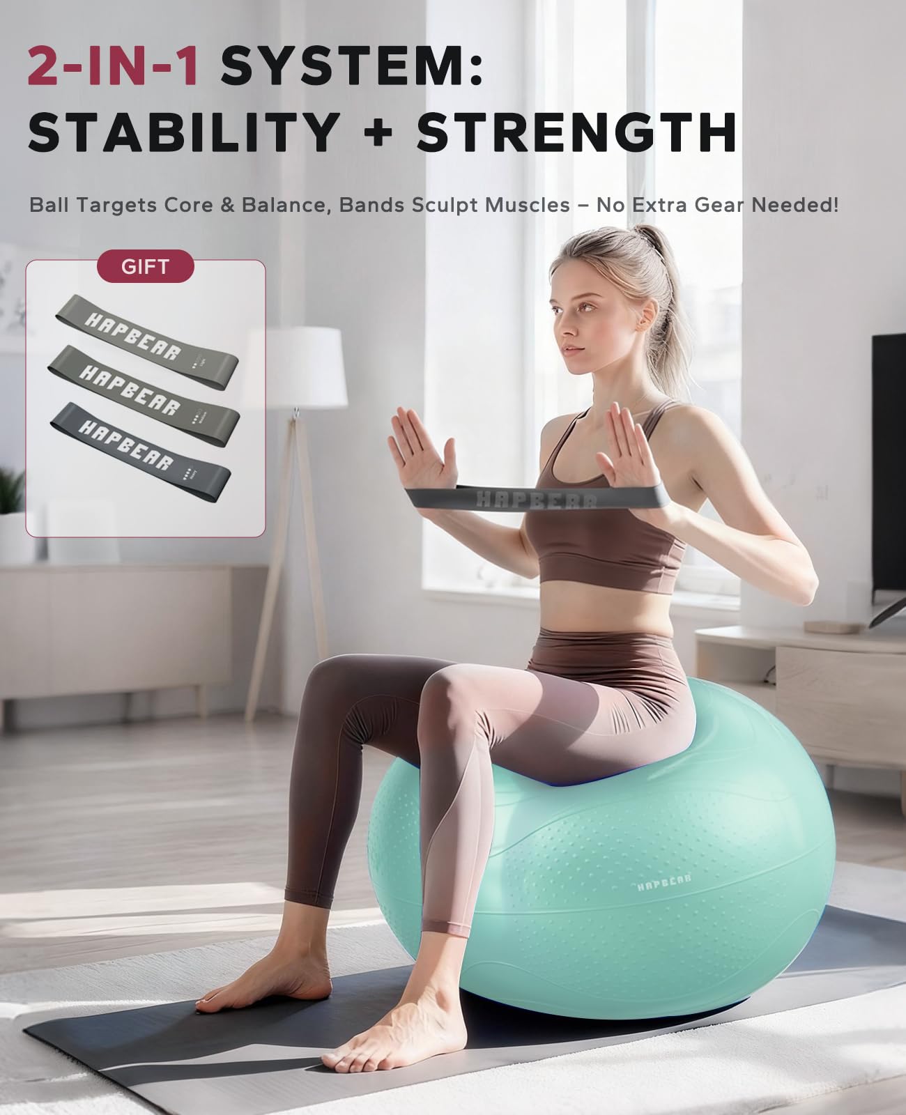 HAPBEAR Exercise Ball (22''/26''/30'') - Anti-Burst Slip-Resistant Yoga/Pilates Ball for Core Training & Posture Improvement, Home Gym/Rehab/Pregnancy Ball, Quick Pump & 3 Resistance Bands Included