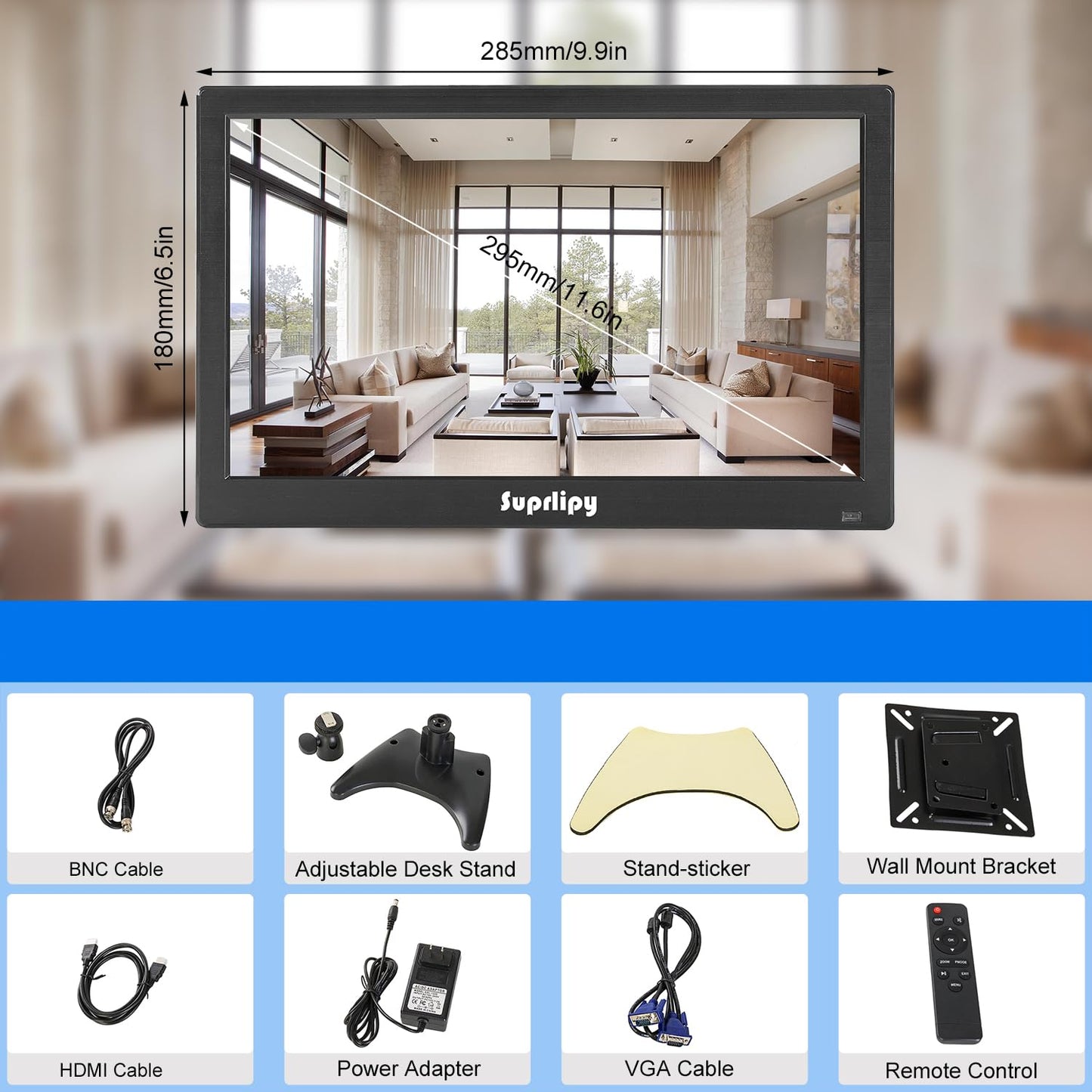 Suprlipy 12 inch FHD Small IPS Monitor LCD Display Screen 1920x1080 60Hz 16:9 with BNC VGA AV Input Built-in Lounspeakers for CCTV Security Camera DVR PC RasPi