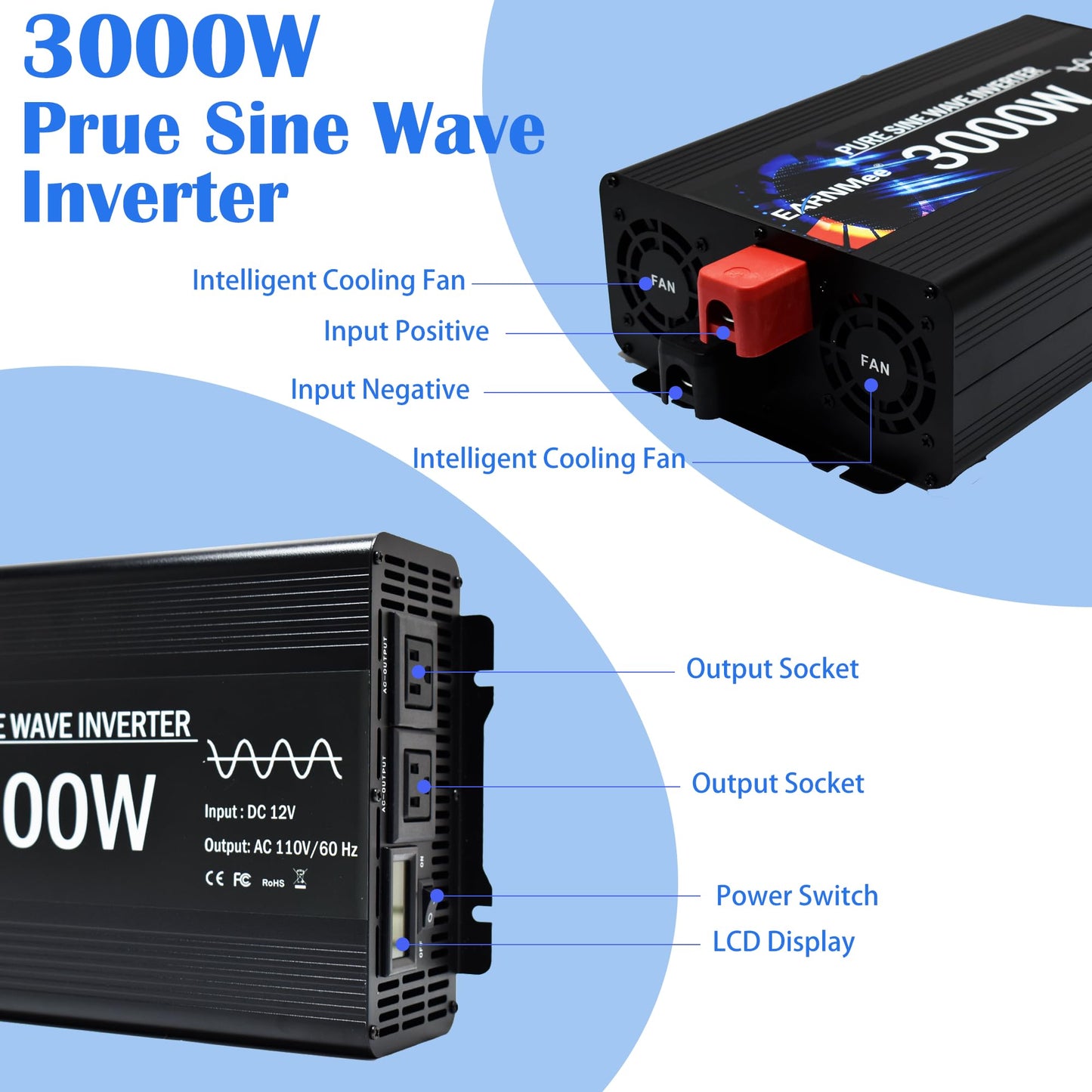 3000W Pure Sine Wave Inverter, Vehicle Converter,12V DC to 110V 120V AC for Car, RV, Truck, Home, Solar Power Inverter with LCD Display