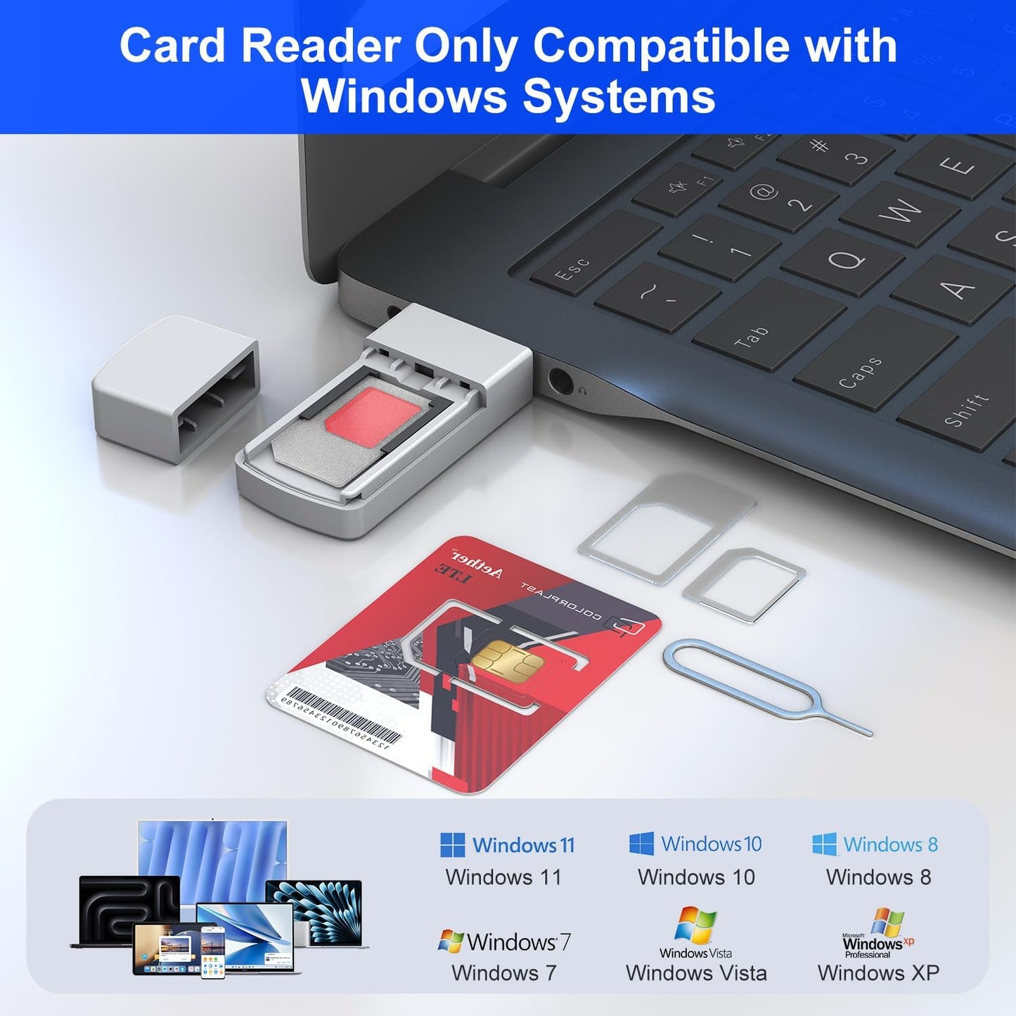 Bawanfa Pro SIM Card Adapter Reader - Sim Card Adapter Kit, Micro, Nano, Standard Sim Card Readers with Eject Pin - USB
