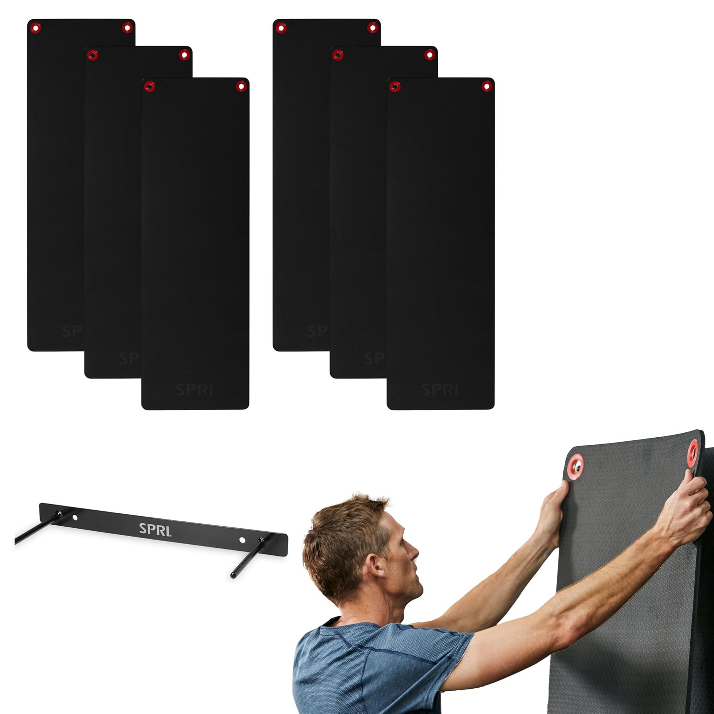 SPRI Hanging Bulk Fitness Mats + Rack, 15mm, Closed-Cell Foam Bulk Yoga Mats for Gyms, Dance Studios, Ballet, Low-Impact Training & Commercial Spaces, Reinforced Grommets