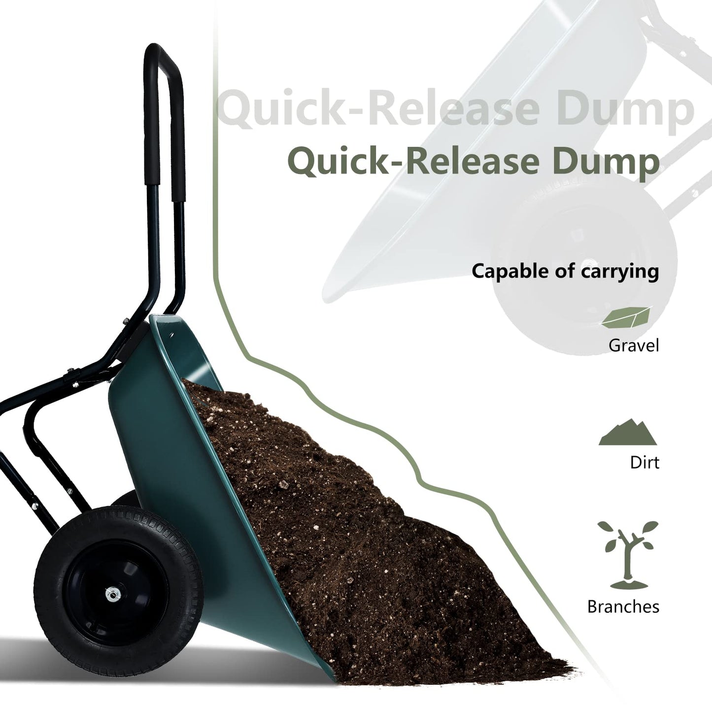 Wellhut 2 Tire Wheelbarrow Dump Cart, Heavy Duty Home Utility Garden Cart, 330 LBS Yard Wheelbarrow, Perfect for Transporting Soil Bricks and Construction Materials, Green